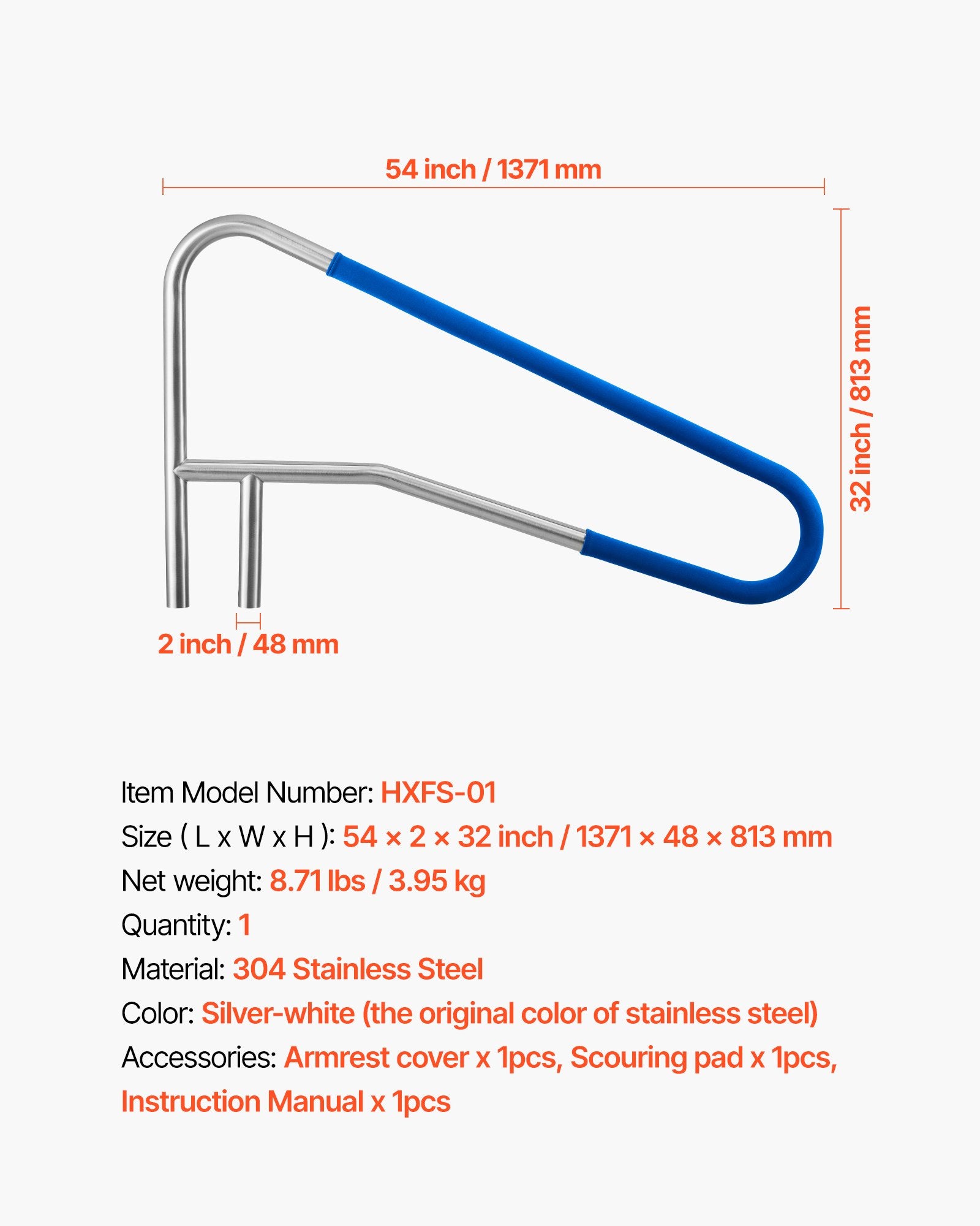 Swimming Pools: VEVOR Pool Rail, 137.1 x 81.3 cm Pool Handrail, 100kg Load Capacity Heavy Duty 304 Stainless Steel Swimming Handrail, Detachable Nonslip Sleeve, Recessed or Base Mount, for Poolside, Water Parks