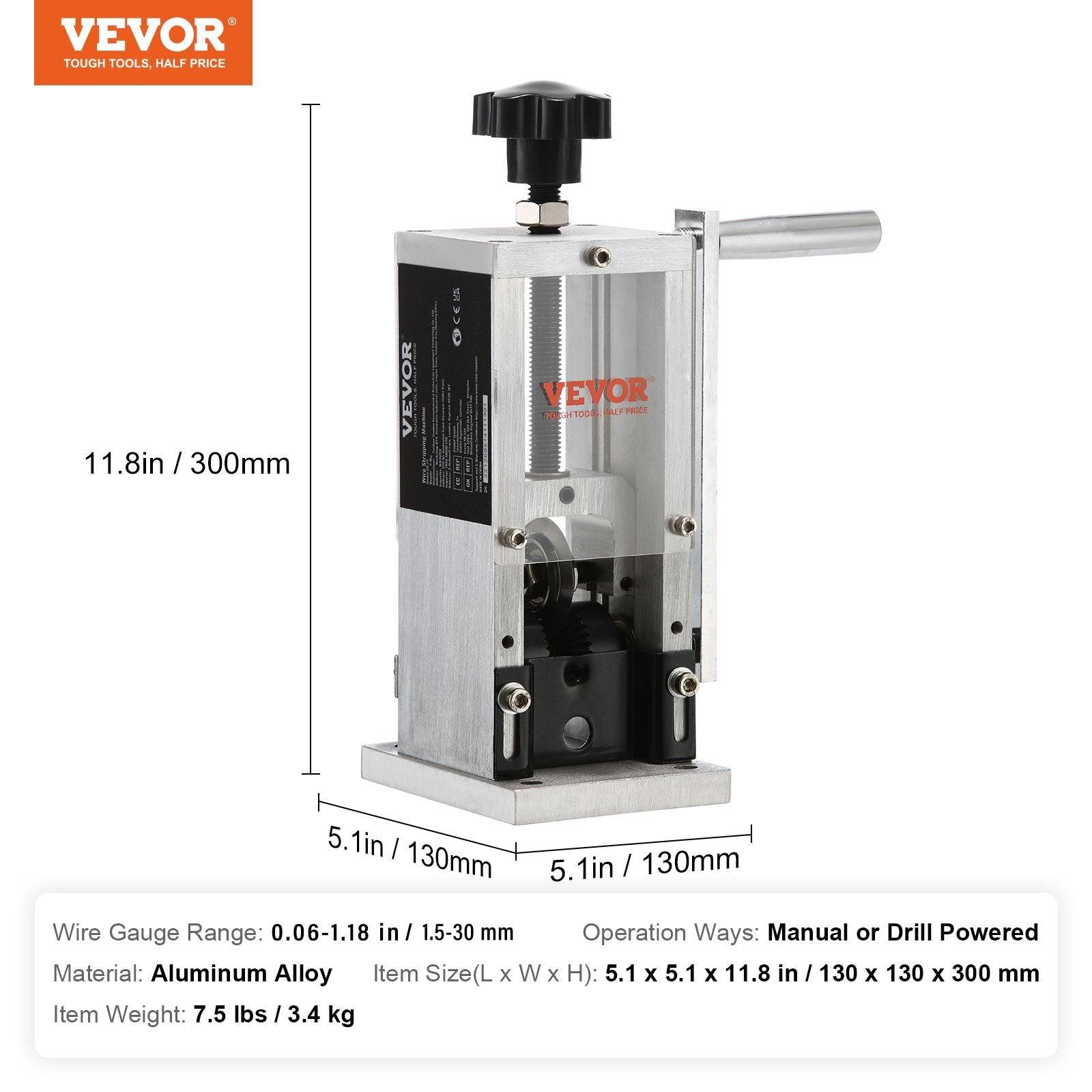 Building Materials: VEVOR Manual Wire Stripping Machine, 0.06''-0.98'' Copper Stripper with Hand Crank or Drill Powered, Visible Stripping Depth Reference, Portable Aluminum Frame Wire Peeler for Scrap Copper Recycling