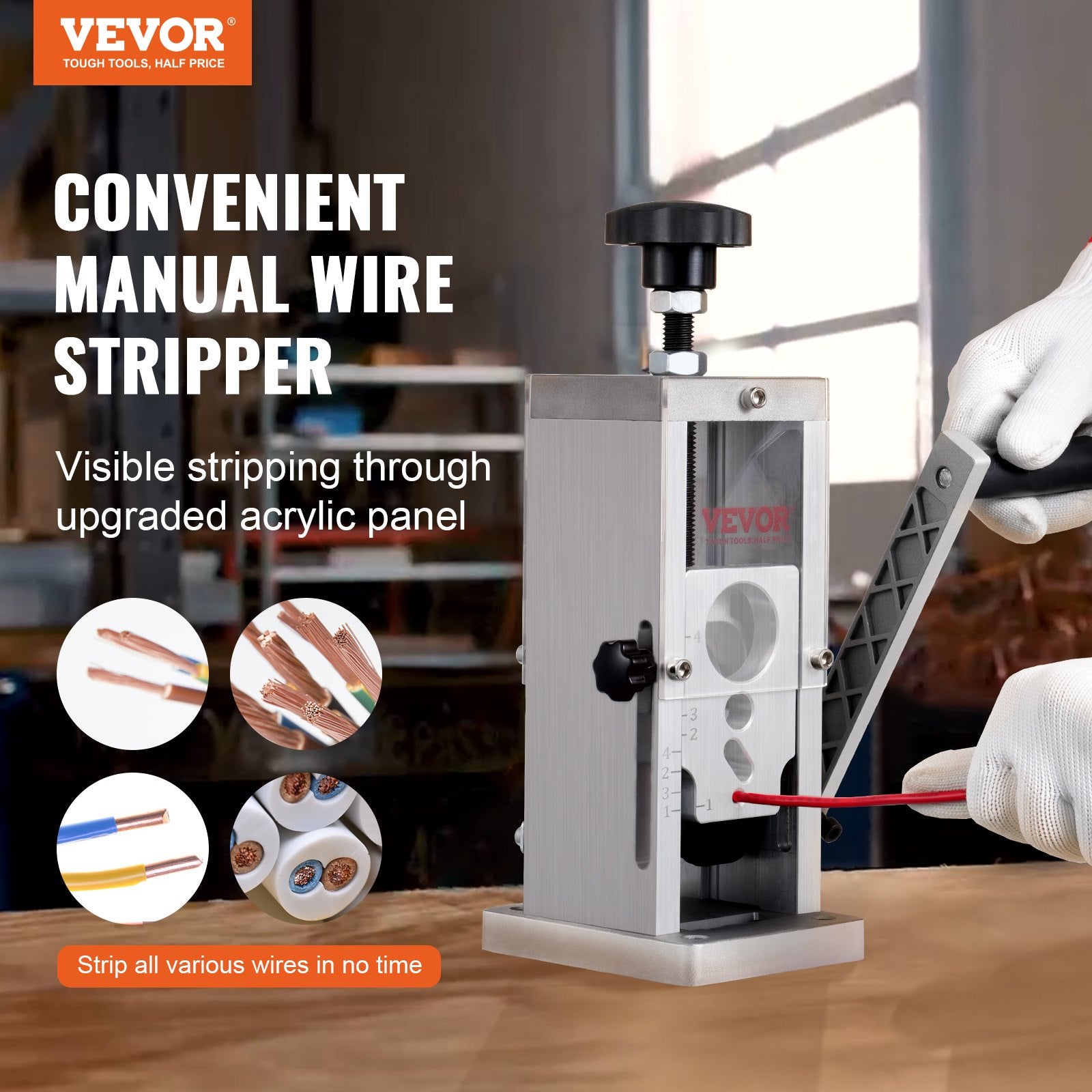Building Materials: VEVOR Manual Wire Stripping Machine, 0.06''-1.5'' Copper Stripper with Hand Crank or Drill Powered, Visible Stripping Depth Reference, Portable Aluminum Frame Wire Peeler for Scrap Copper Recycling