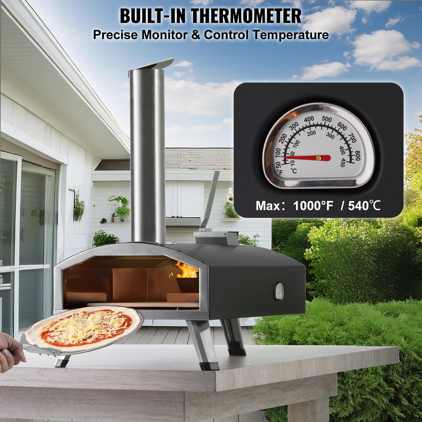 BBQs & Accessories: VEVOR Outdoor Pizza Oven, 12" Wood Fired Pizza Ovens, Pellet Pizza Stove with Thermometer, Portable Pizza Maker for Outside Backyard Patio Camping, Pizza Stone, Carry Bag, Shovel, Black