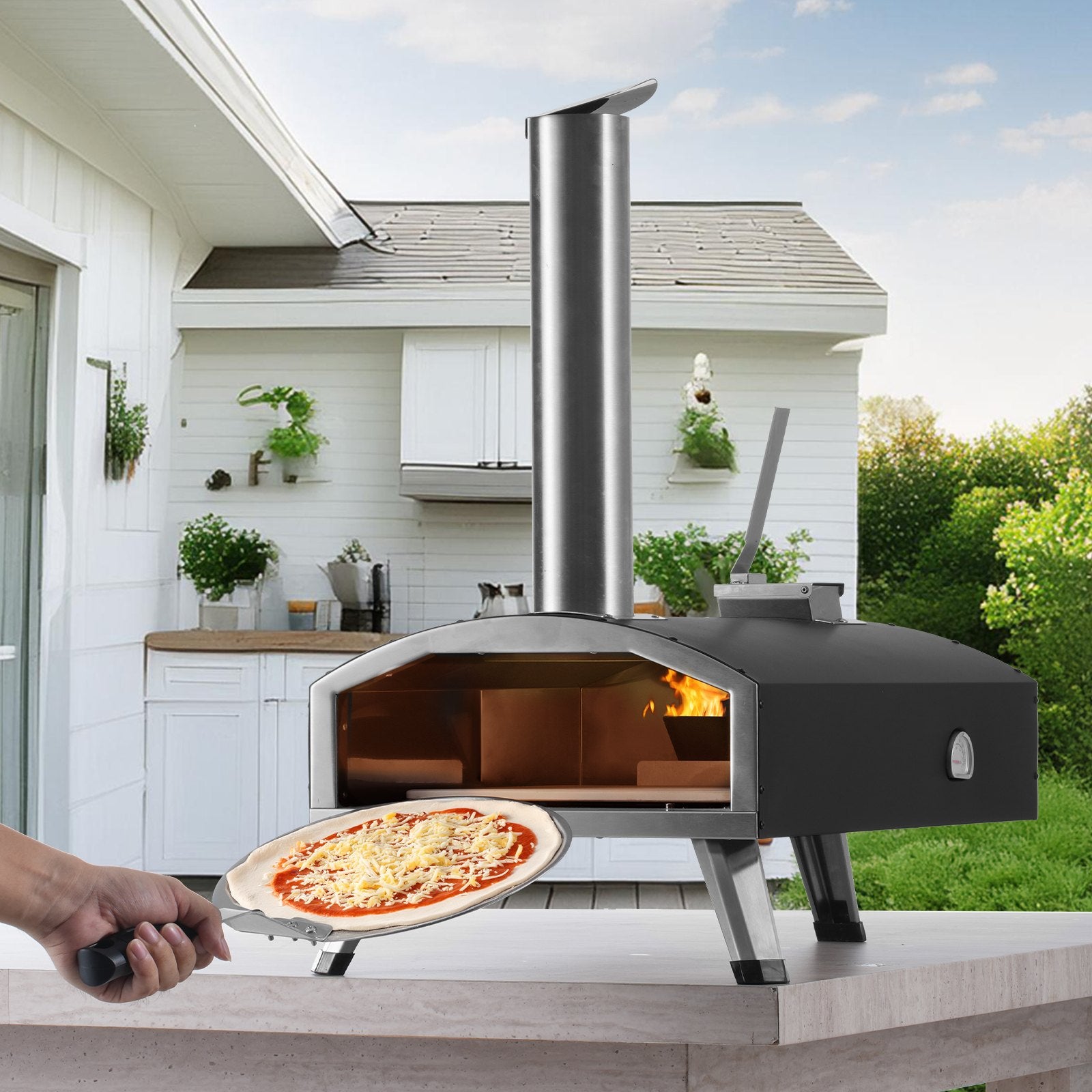BBQs & Accessories: VEVOR Outdoor Pizza Oven, 12" Wood Fired Pizza Ovens, Pellet Pizza Stove with Thermometer, Portable Pizza Maker for Outside Backyard Patio Camping, Pizza Stone, Carry Bag, Shovel, Black