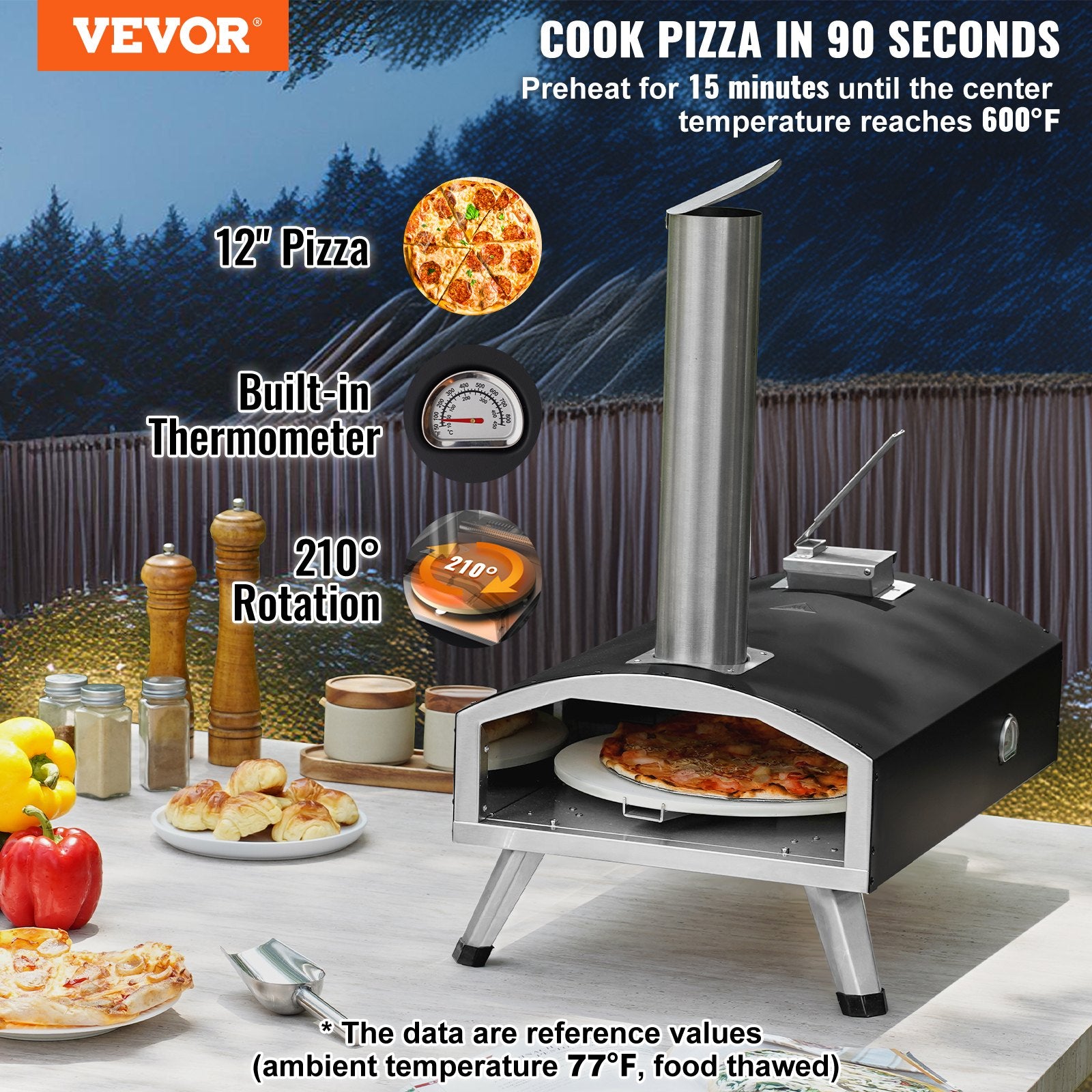 BBQs & Accessories: VEVOR Outdoor Pizza Oven, 12" Wood Fired Pizza Ovens, Pellet Pizza Stove with Built-in Thermometer, with Thickened Cordierite, Rotating Pizza Stone, Carry Bag, Shovel,  Portable Pizza Maker for Outside Backyard Patio Camping Black