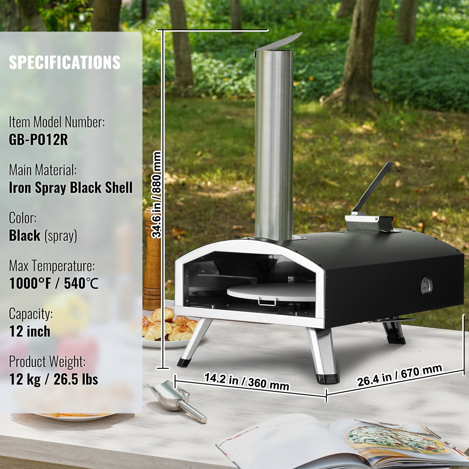 BBQs & Accessories: VEVOR Outdoor Pizza Oven, 12" Wood Fired Pizza Ovens, Pellet Pizza Stove with Built-in Thermometer, with Thickened Cordierite, Rotating Pizza Stone, Carry Bag, Shovel,  Portable Pizza Maker for Outside Backyard Patio Camping Black