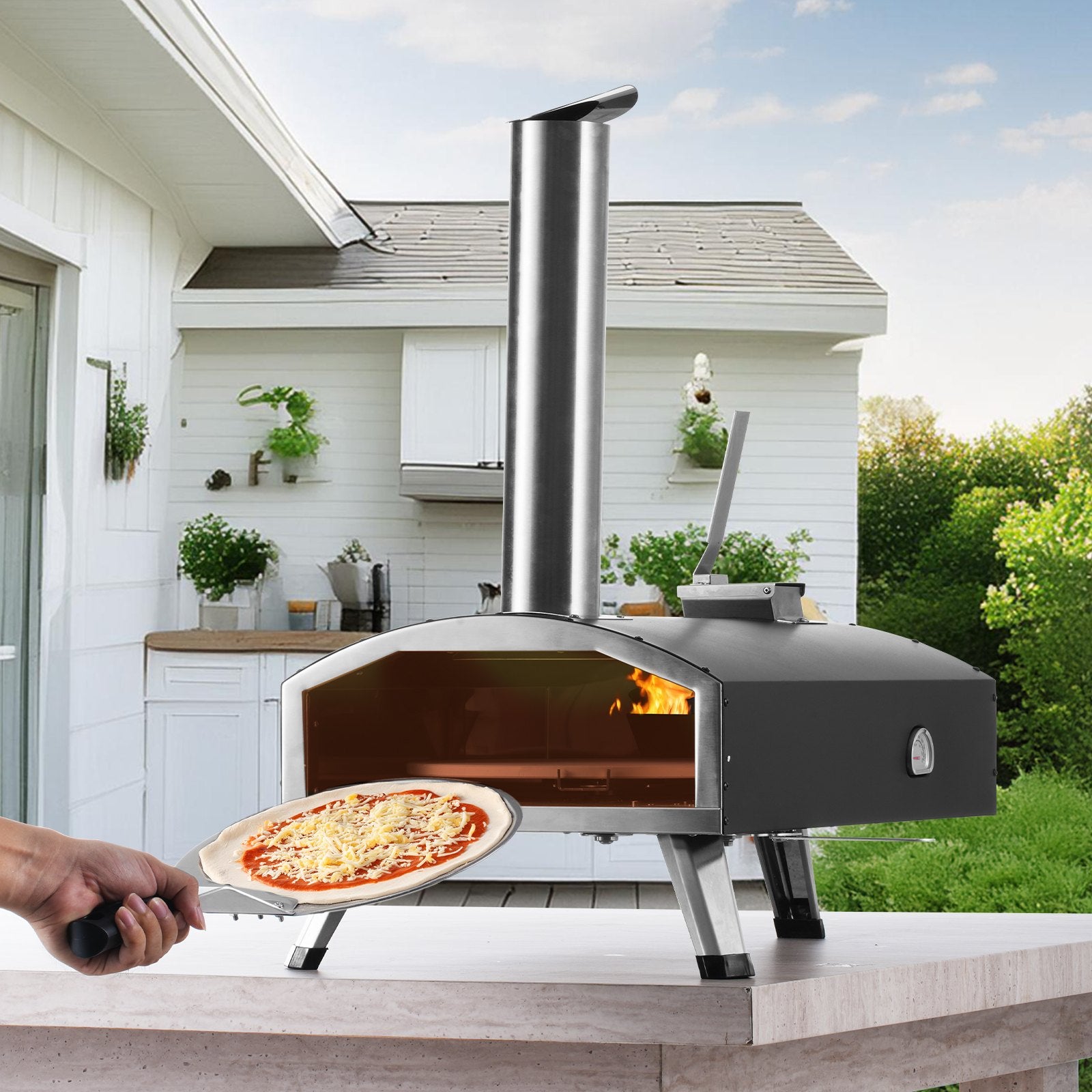 BBQs & Accessories: VEVOR Outdoor Pizza Oven, 12" Wood Fired Pizza Ovens, Pellet Pizza Stove with Built-in Thermometer, with Thickened Cordierite, Rotating Pizza Stone, Carry Bag, Shovel,  Portable Pizza Maker for Outside Backyard Patio Camping Black