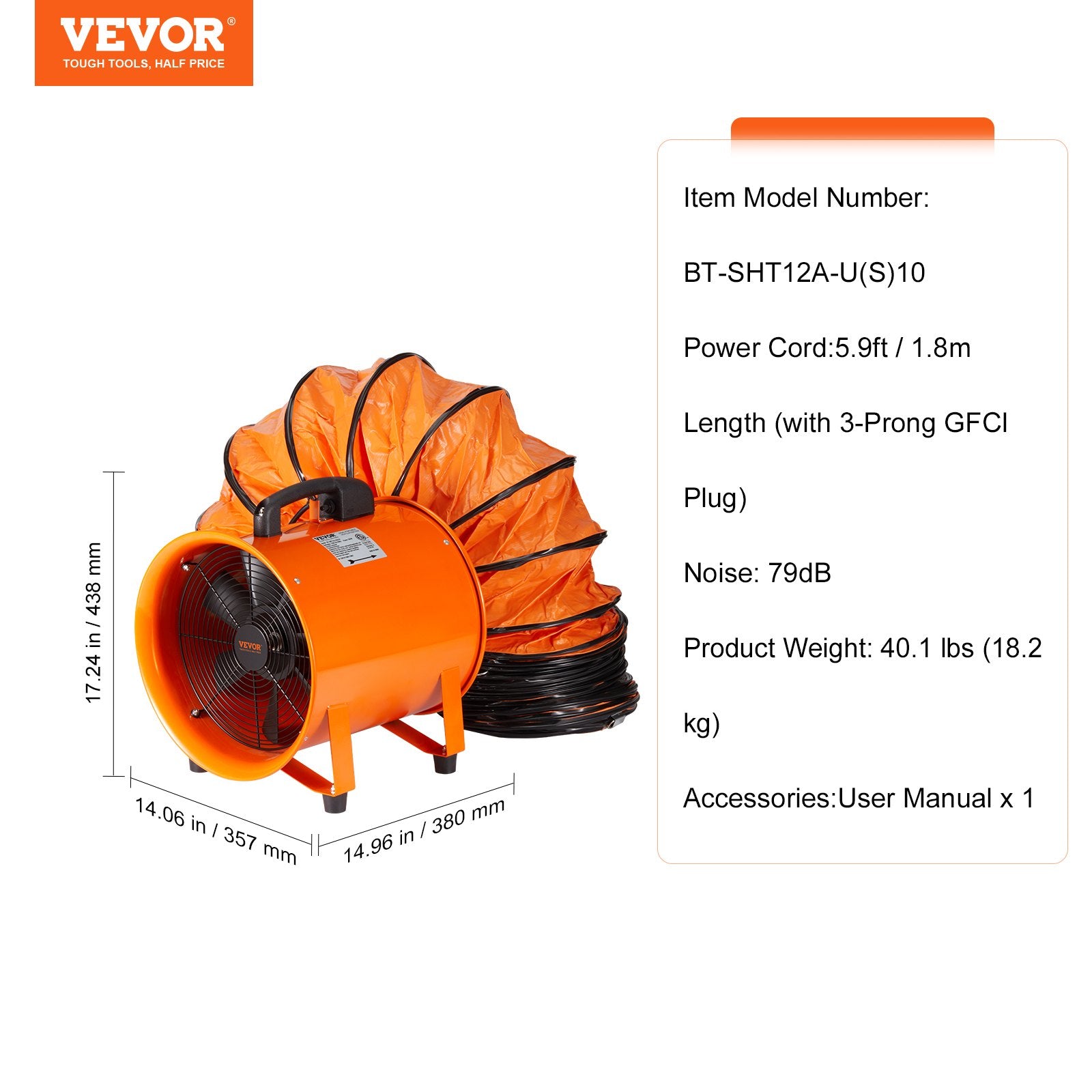 Commercial Cleaning Equipment: VEVOR Portable Ventilator, 304.8mm/12inch Heavy Duty Cylinder Fan with 10m Duct Hose, 367W Strong Shop Exhaust Blower 2574CFM, Industrial Utility Blower for Sucking Dust, Smoke, Smoke Home/Workplace