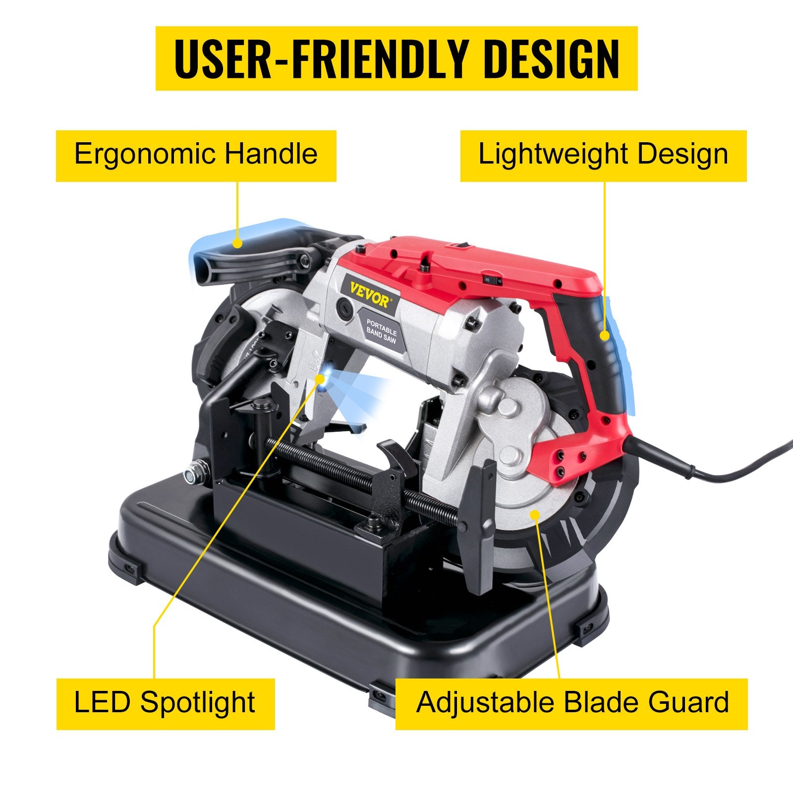 Portable Band Saw,with Removable Alloy Steel Base Cordless Band Saw,127mm Cutting Capacity Hand held Band Saw,Variable Speed Portable Bandsaw, 10Amp Motor Deep Cut Band saw for Metal Wood