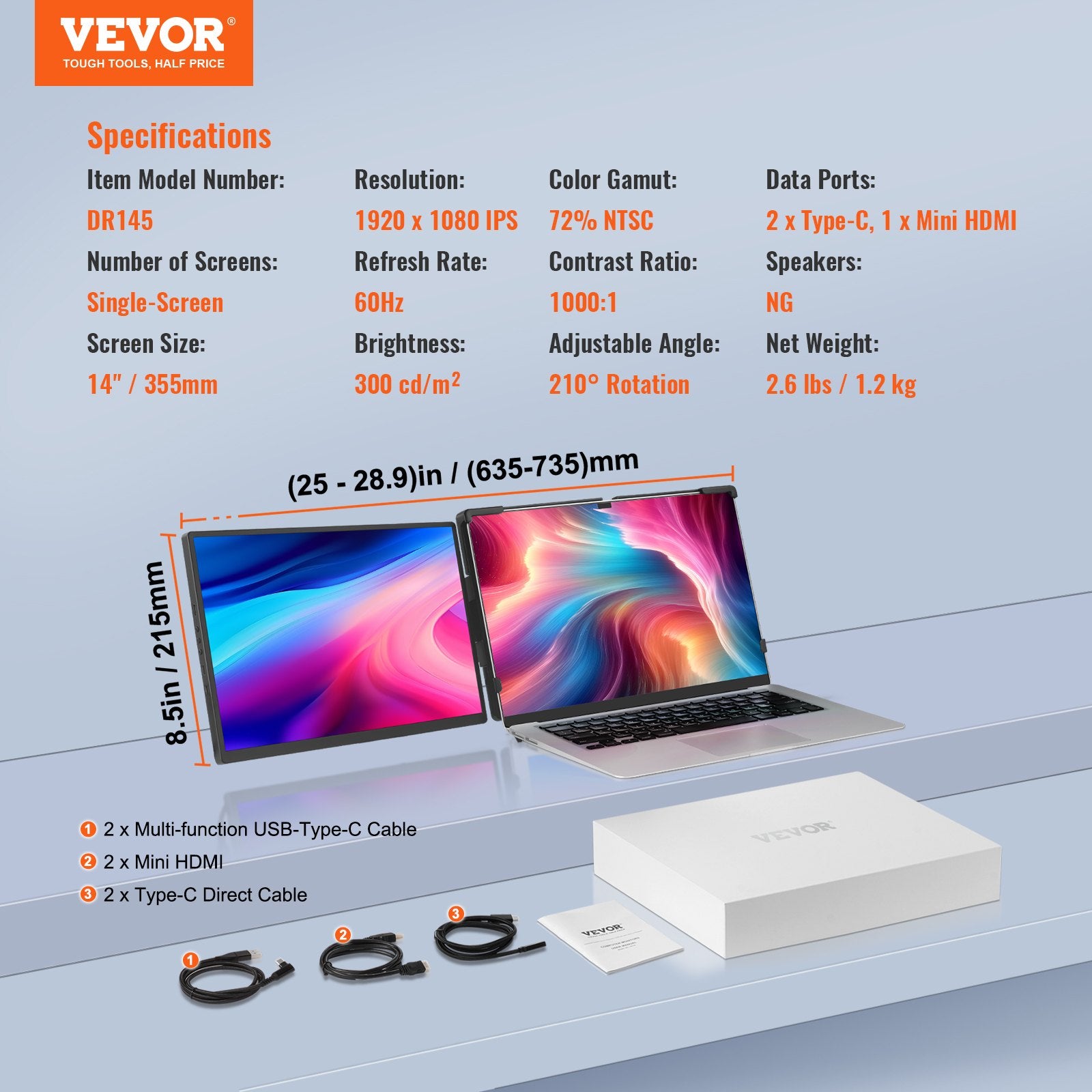 Laptop Screen Extender 14in HD 1080P Portable Monitor for 13"-17" Laptop