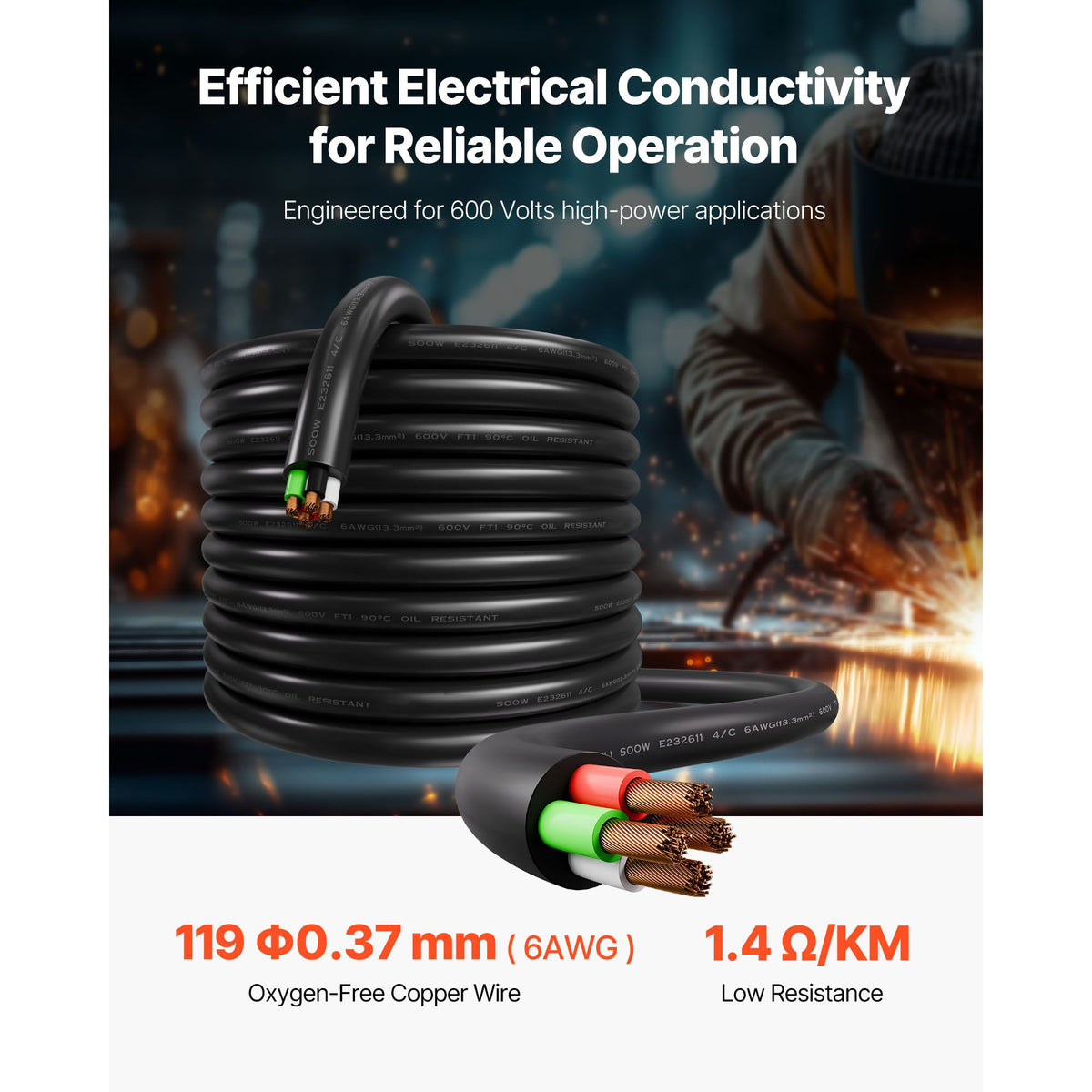 7.62 m 6AWG Portable Power Cable (4 Conductor), Heavy Duty 600V SOOW Electrical Power Cable, Industrial Grade Electric Wire, Premium CPE Rubber Jacket, Copper Extension Cord for Welder Machine