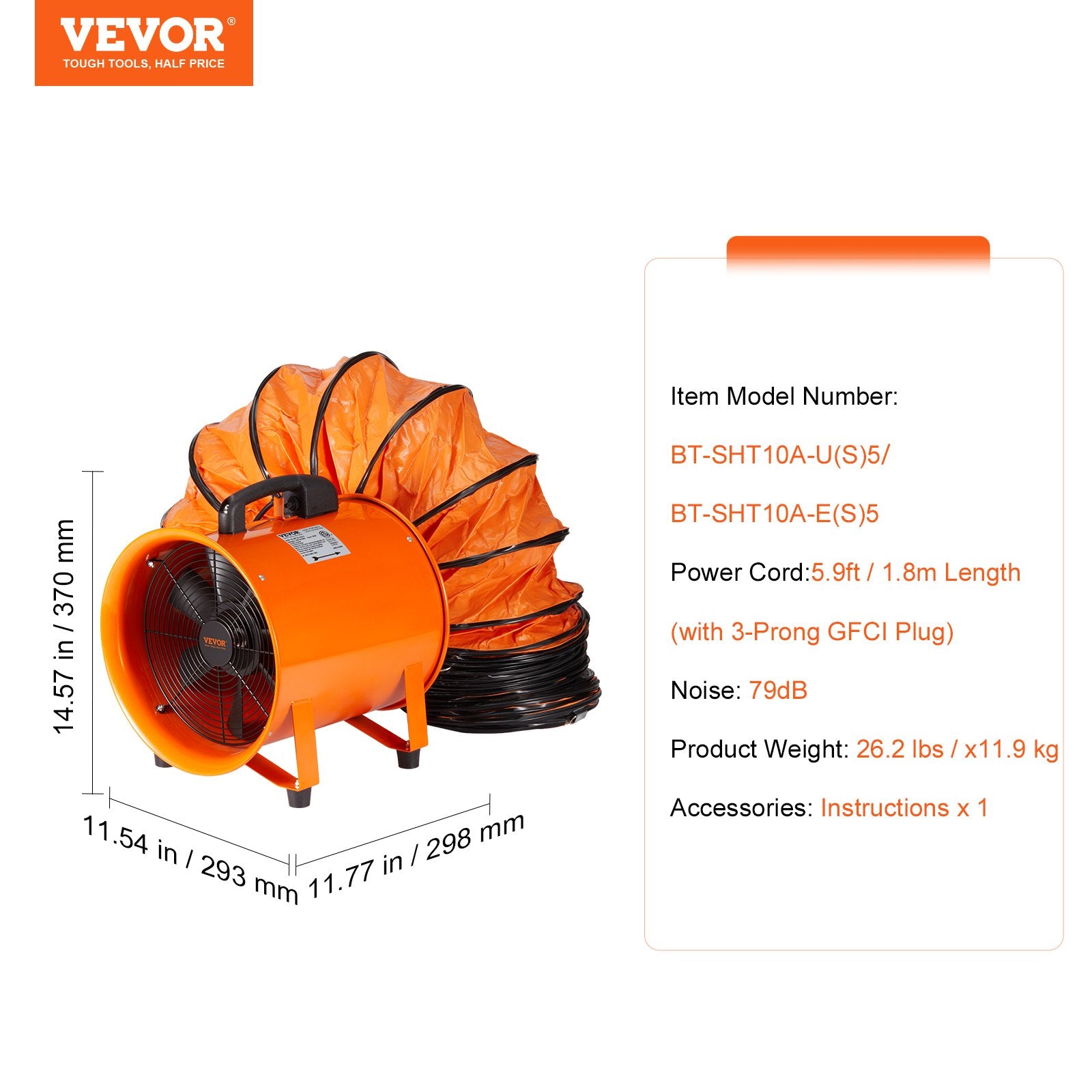 Desktops & Accessories: VEVOR Portable Ventilator, 254mm/10inch Heavy Duty Cylinder Fan with 5m Duct Hose, 255W Strong Shop Exhaust Blower 1720CFM, Industrial Utility Blower for Sucking Dust, Smoke, Smoke Home/Workplace