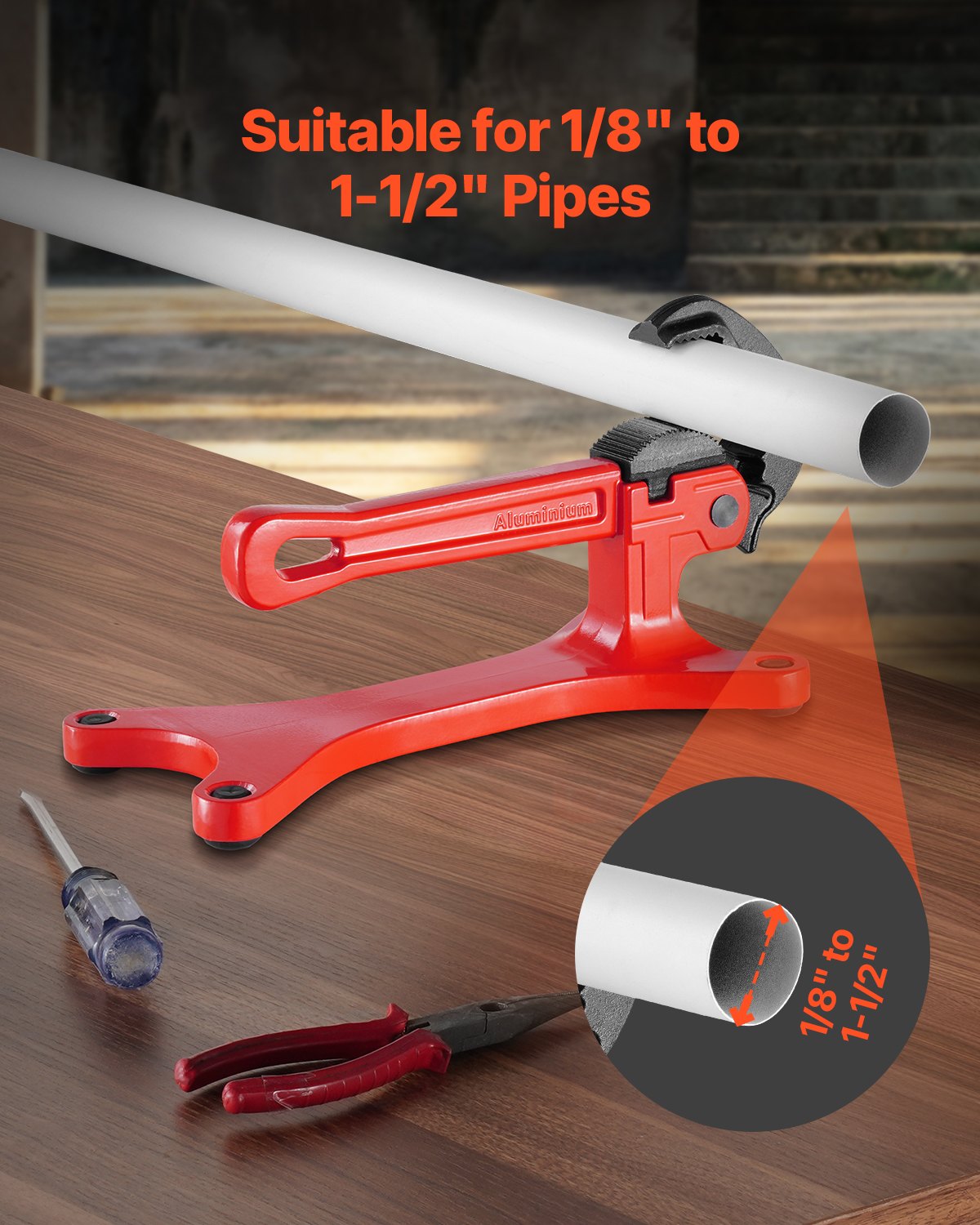 Portable Pipe Vise, Lightweight Aluminum Pipe Vise with 1/8" to 1-1/2" Clamping Capacity, Ideal for Onsite Plumbing Installation, Repair, and Maintenance