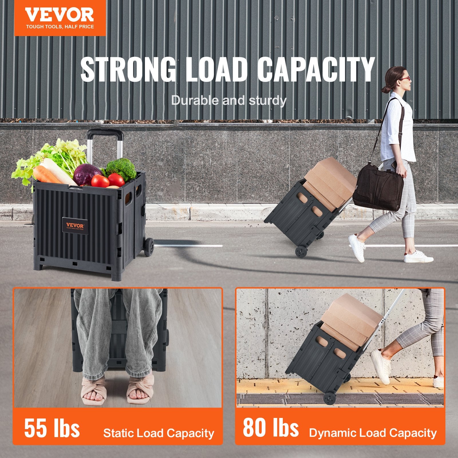 Cat Carriers & Crates: VEVOR Foldable Utility Cart, 36 kg Load Capacity, Folding Portable Rolling Crate Handcart with Durable Heavy Duty Telescoping Handle and 2 Wheels for Travel Shopping Moving Luggage Office Use, Black