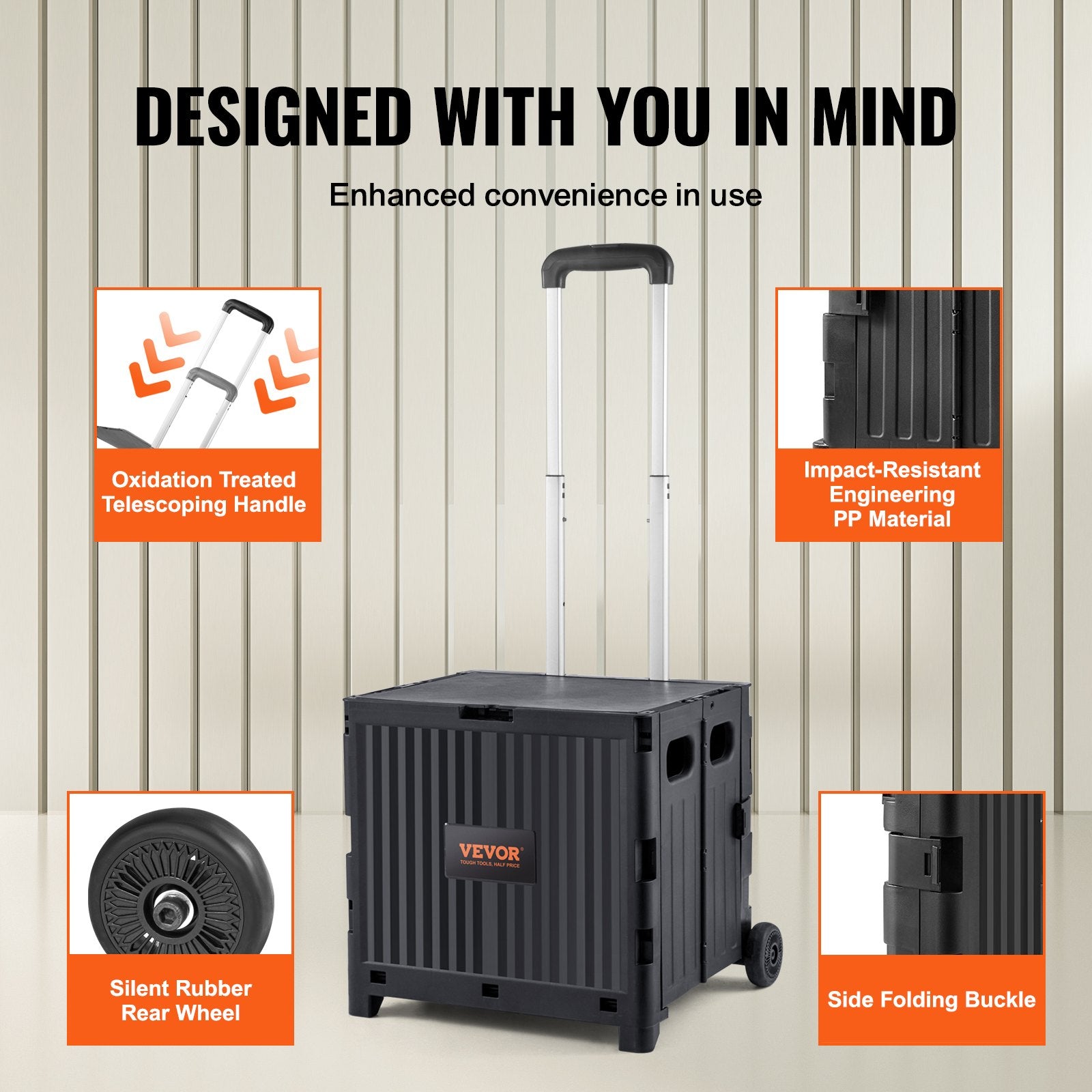 Cat Carriers & Crates: VEVOR Foldable Utility Cart, 36 kg Load Capacity, Folding Portable Rolling Crate Handcart with Durable Heavy Duty Telescoping Handle and 2 Wheels for Travel Shopping Moving Luggage Office Use, Black