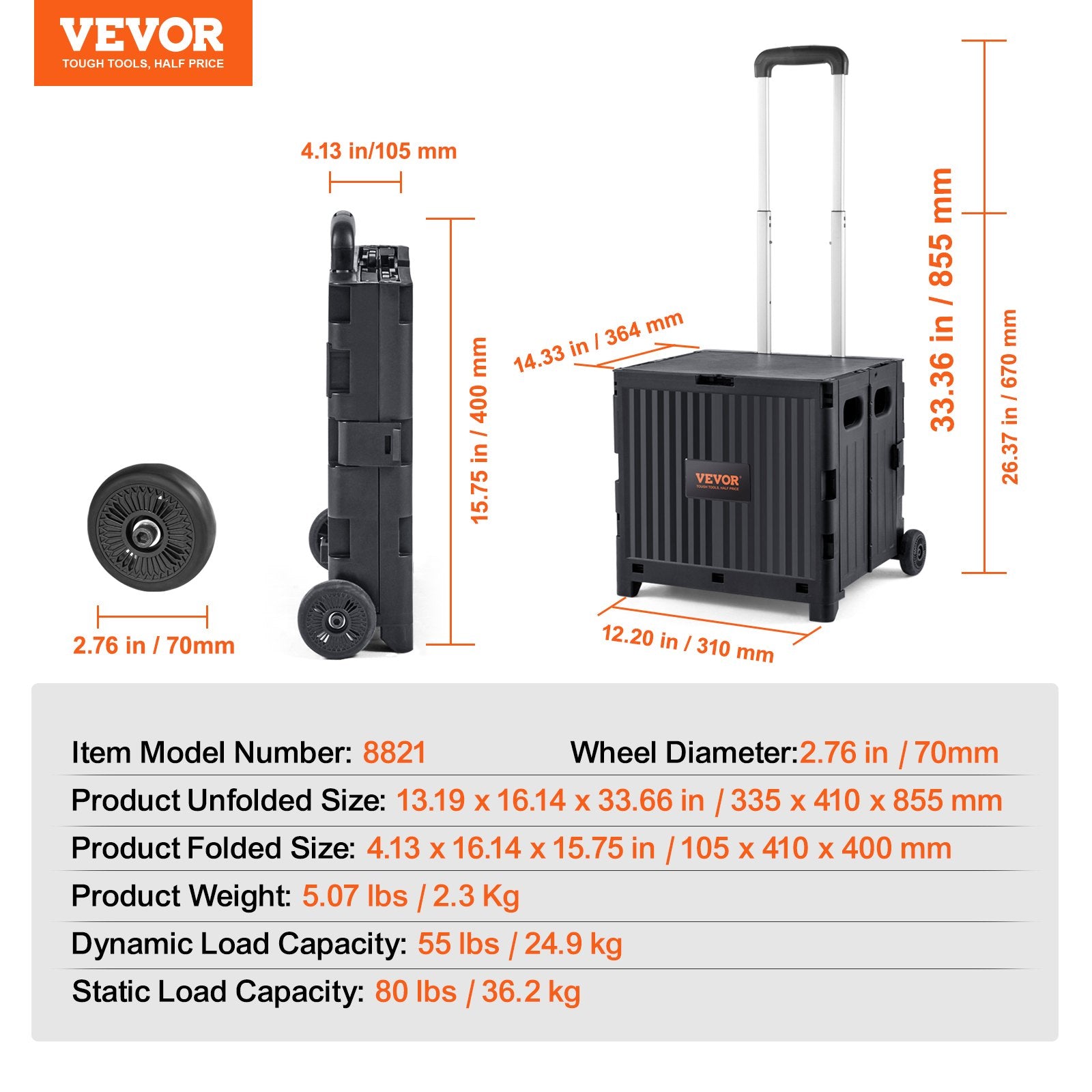 Cat Carriers & Crates: VEVOR Foldable Utility Cart, 36 kg Load Capacity, Folding Portable Rolling Crate Handcart with Durable Heavy Duty Telescoping Handle and 2 Wheels for Travel Shopping Moving Luggage Office Use, Black