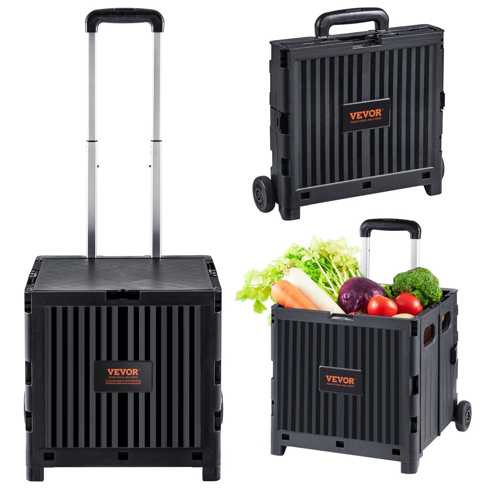 Cat Carriers & Crates: VEVOR Foldable Utility Cart, 36 kg Load Capacity, Folding Portable Rolling Crate Handcart with Durable Heavy Duty Telescoping Handle and 2 Wheels for Travel Shopping Moving Luggage Office Use, Black