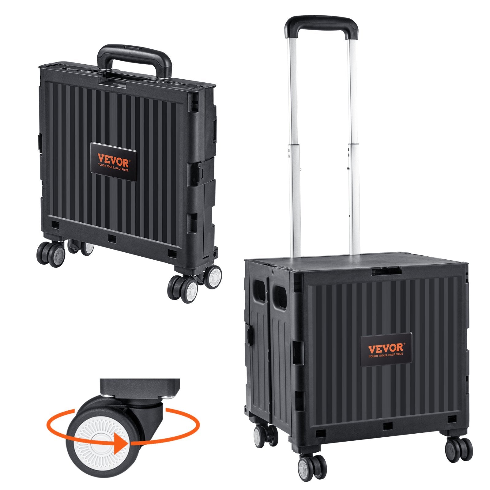 Cat Carriers & Crates: VEVOR Foldable Utility Cart, 50 kg Load Capacity, Folding Portable Rolling Crate Handcart with Heavy Duty Telescoping Handle and 4 Rotate Wheels for Travel Shopping Moving Luggage Office Use, Black