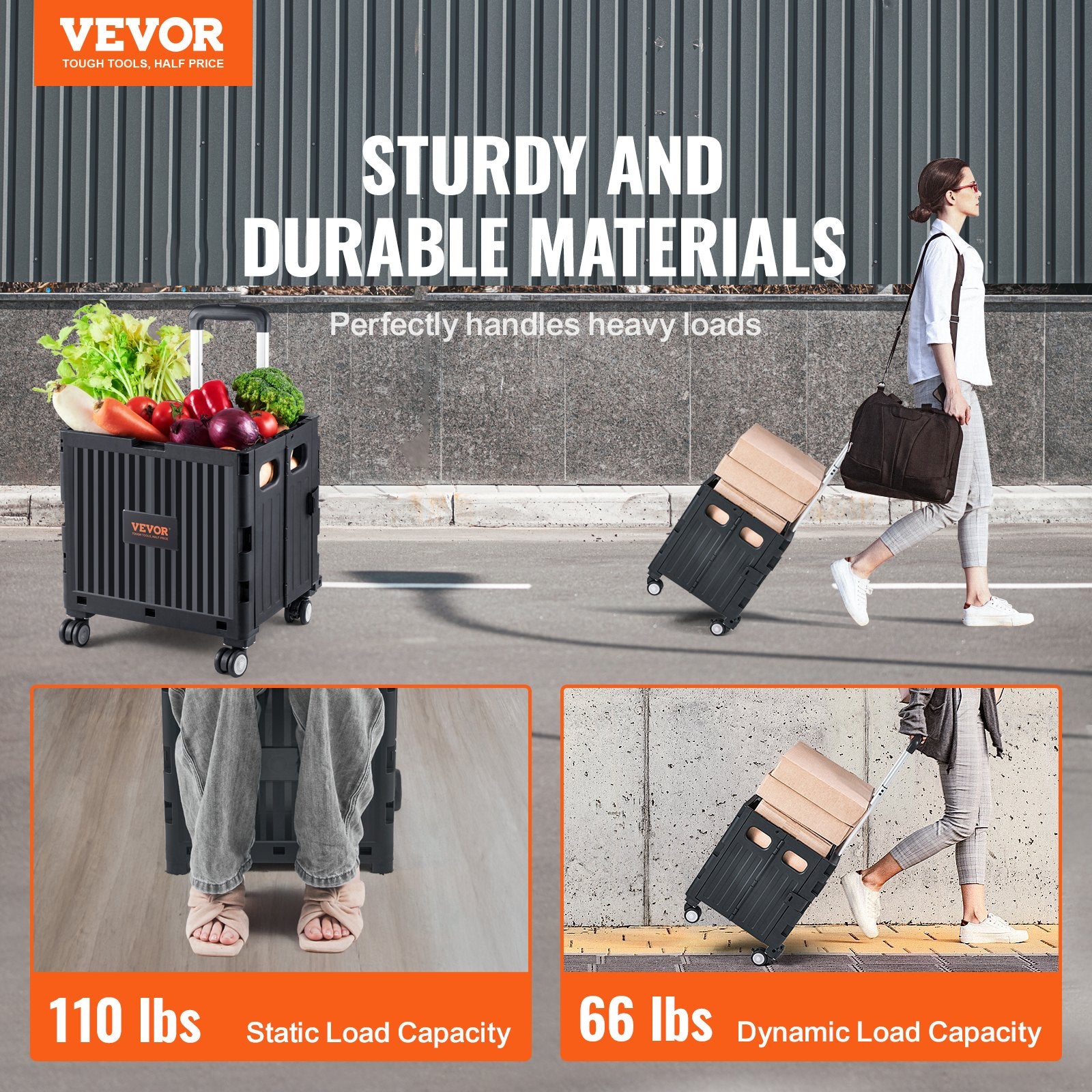 Cat Carriers & Crates: VEVOR Foldable Utility Cart, 50 kg Load Capacity, Folding Portable Rolling Crate Handcart with Heavy Duty Telescoping Handle and 4 Rotate Wheels for Travel Shopping Moving Luggage Office Use, Black