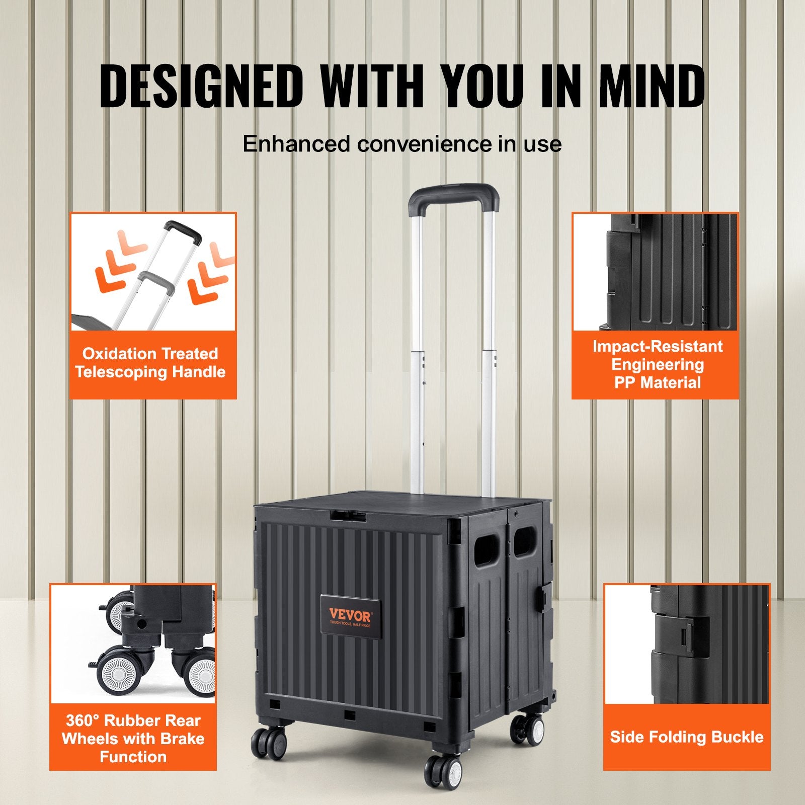 Cat Carriers & Crates: VEVOR Foldable Utility Cart, 50 kg Load Capacity, Folding Portable Rolling Crate Handcart with Heavy Duty Telescoping Handle and 4 Rotate Wheels for Travel Shopping Moving Luggage Office Use, Black