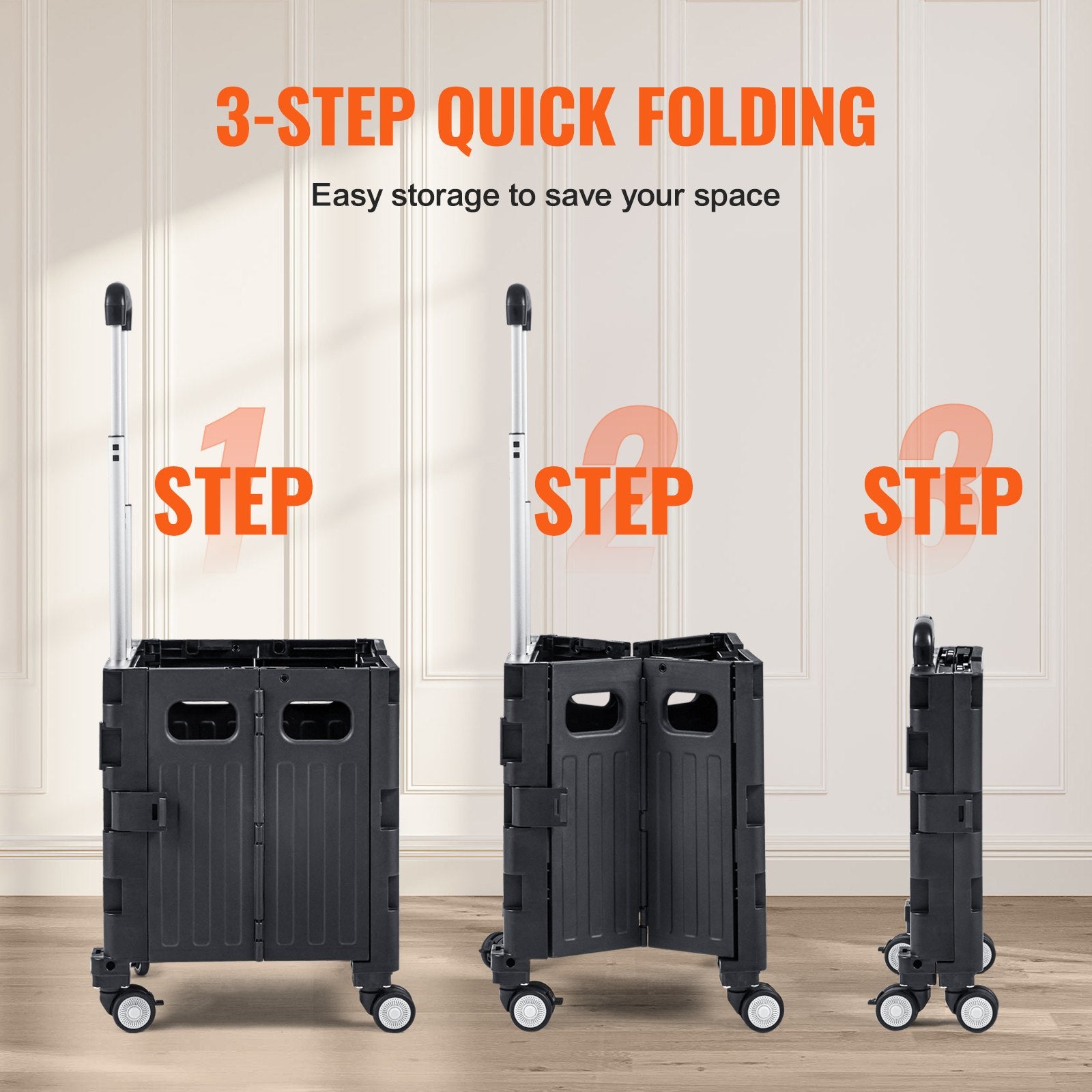 Cat Carriers & Crates: VEVOR Foldable Utility Cart, 50 kg Load Capacity, Folding Portable Rolling Crate Handcart with Heavy Duty Telescoping Handle and 4 Rotate Wheels for Travel Shopping Moving Luggage Office Use, Black