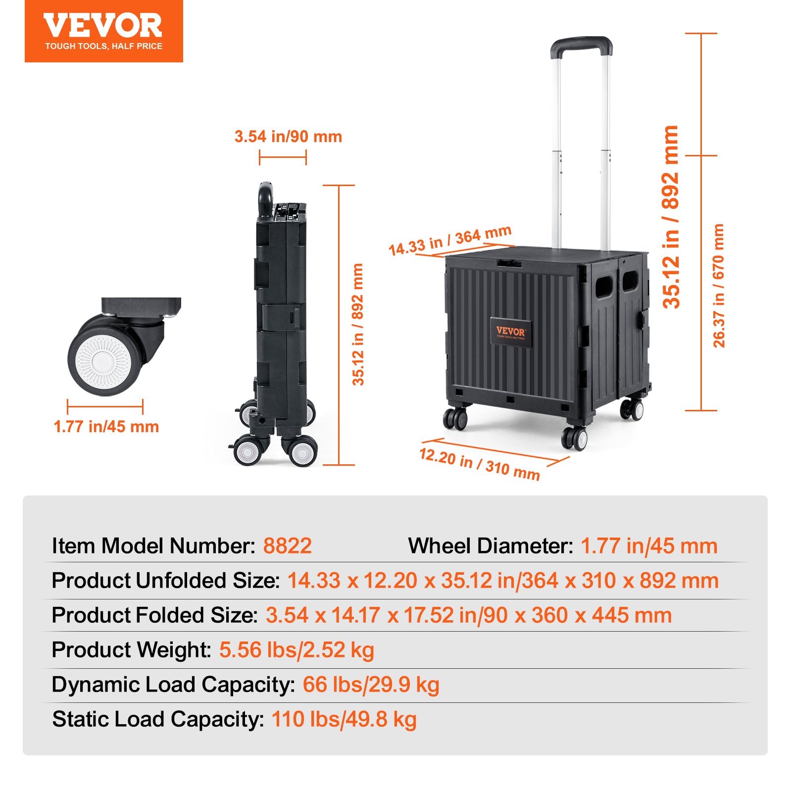 Cat Carriers & Crates: VEVOR Foldable Utility Cart, 50 kg Load Capacity, Folding Portable Rolling Crate Handcart with Heavy Duty Telescoping Handle and 4 Rotate Wheels for Travel Shopping Moving Luggage Office Use, Black