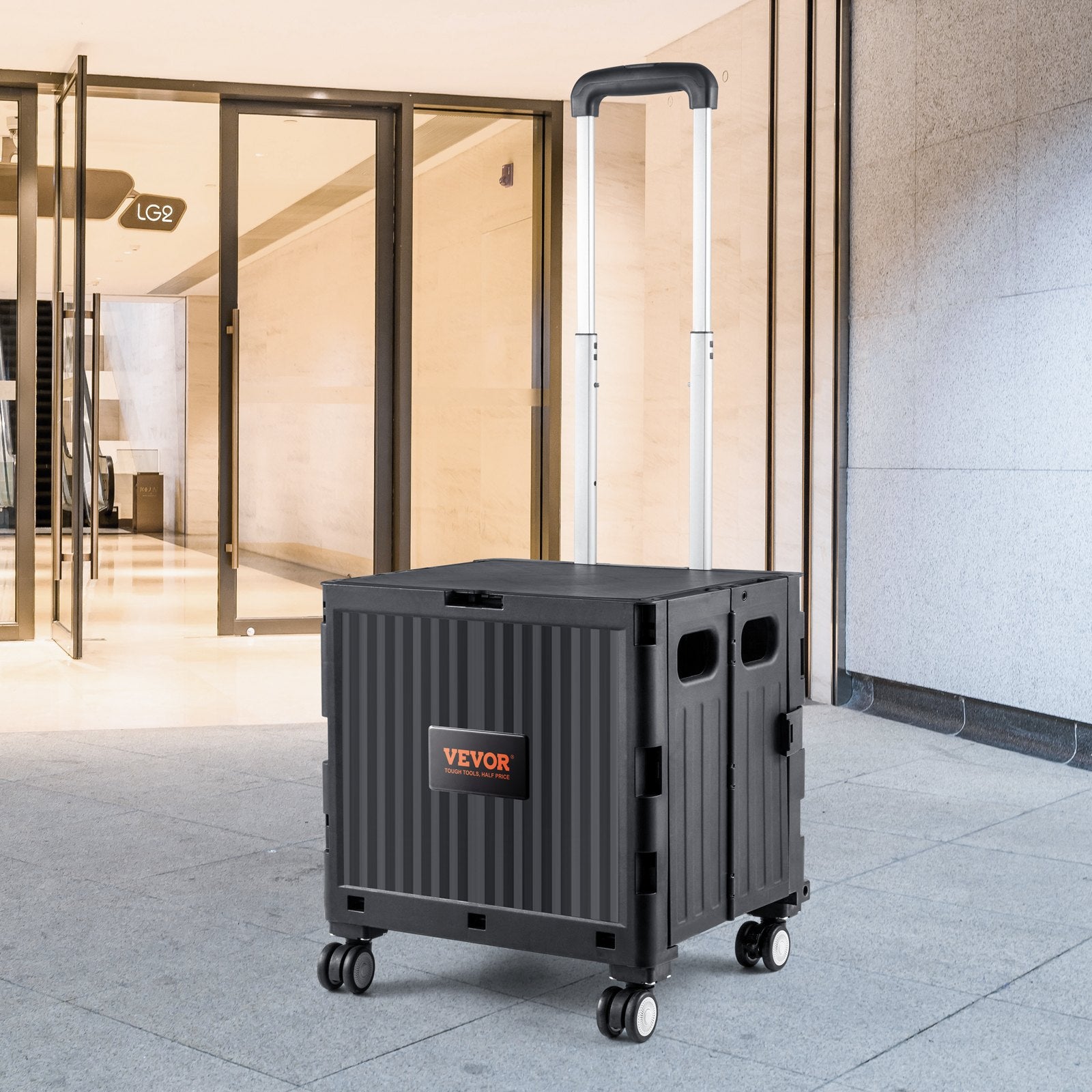 Cat Carriers & Crates: VEVOR Foldable Utility Cart, 50 kg Load Capacity, Folding Portable Rolling Crate Handcart with Heavy Duty Telescoping Handle and 4 Rotate Wheels for Travel Shopping Moving Luggage Office Use, Black