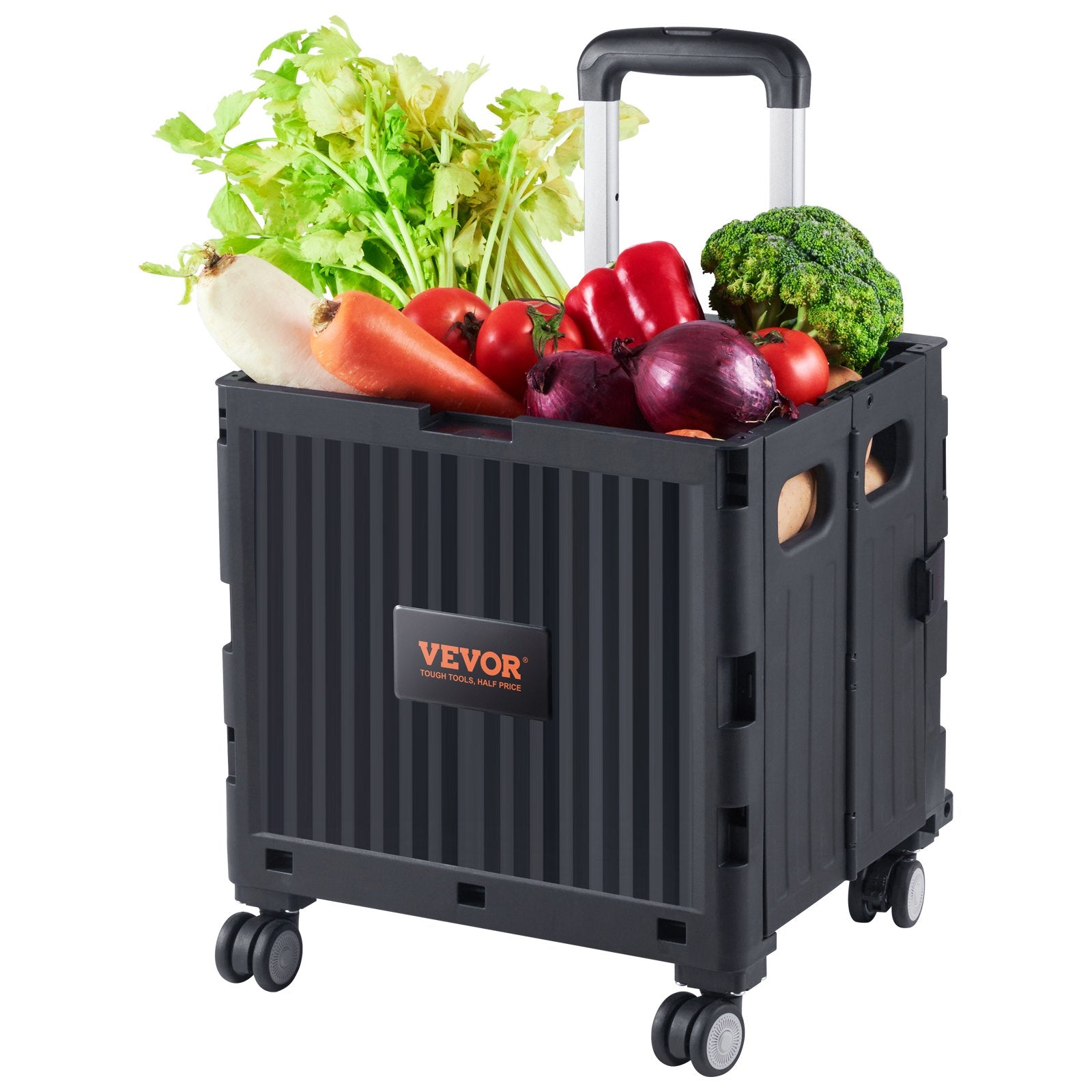 Cat Carriers & Crates: VEVOR Foldable Utility Cart, 50 kg Load Capacity, Folding Portable Rolling Crate Handcart with Heavy Duty Telescoping Handle and 4 Rotate Wheels for Travel Shopping Moving Luggage Office Use, Black