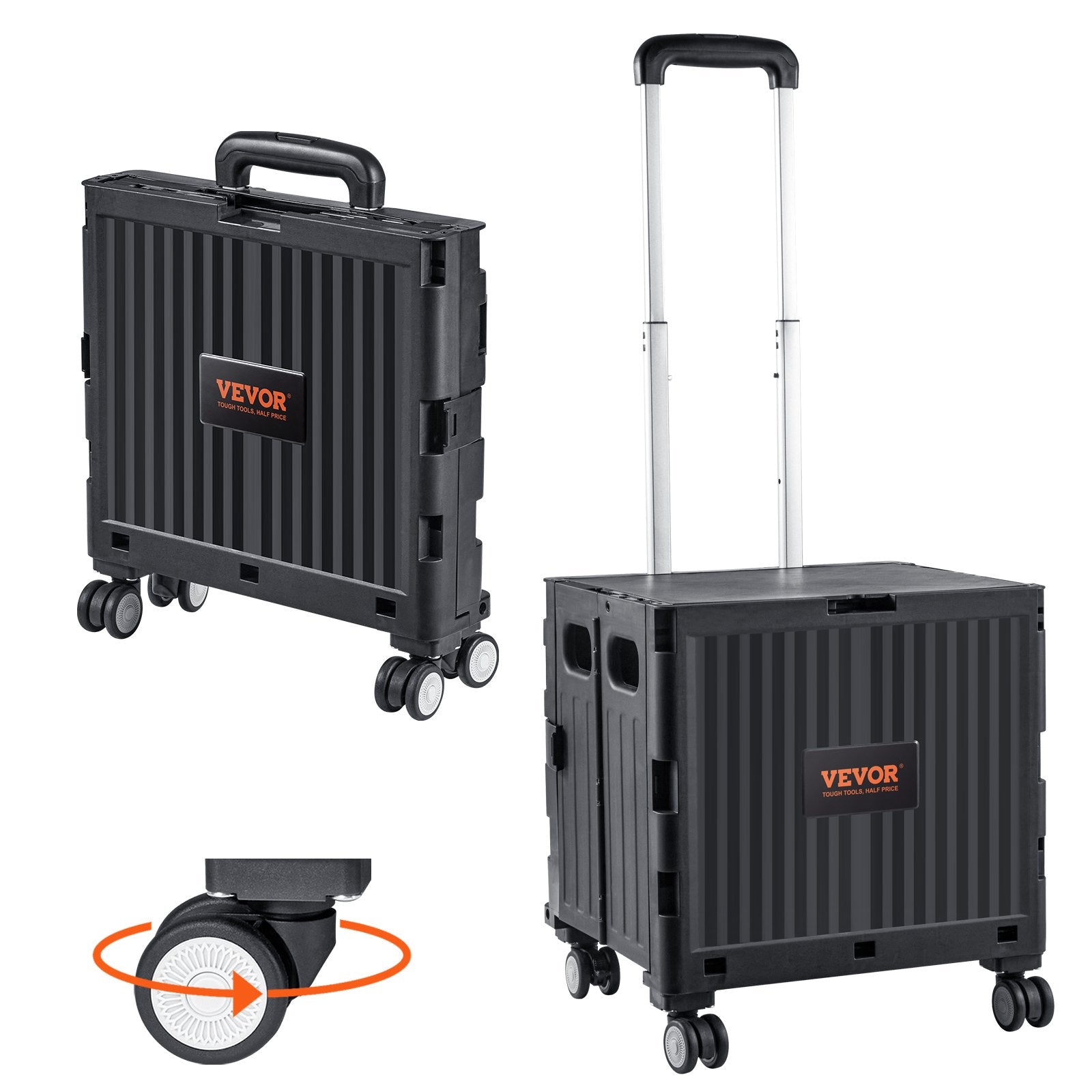 Cat Carriers & Crates: VEVOR Foldable Utility Cart, 50 kg Load Capacity, Folding Portable Rolling Crate Handcart with Heavy Duty Telescoping Handle and 4 Rotate Wheels for Travel Shopping Moving Luggage Office Use, Black