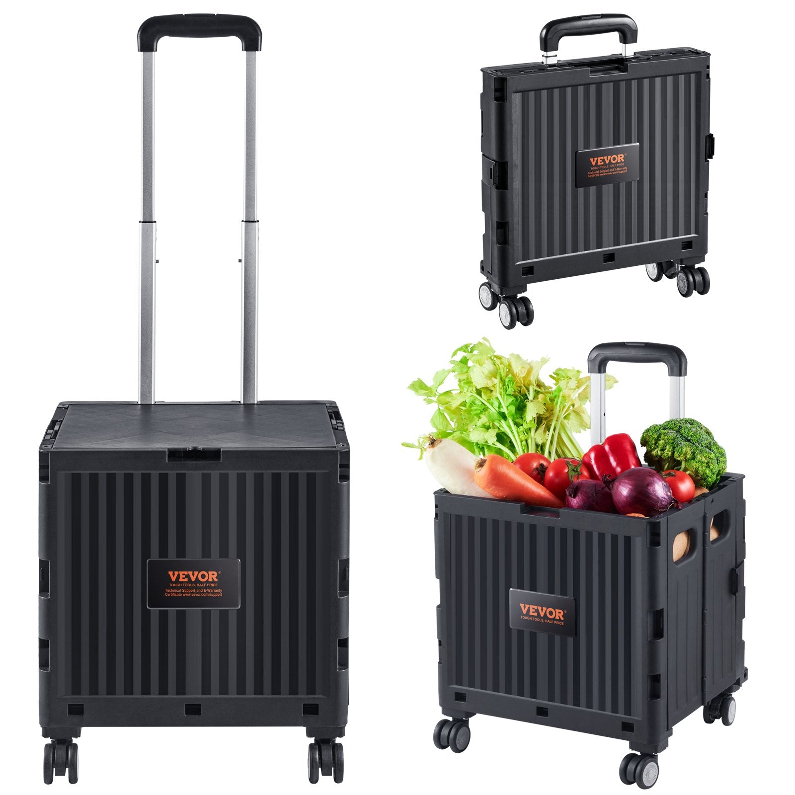 Cat Carriers & Crates: VEVOR Foldable Utility Cart, 50 kg Load Capacity, Folding Portable Rolling Crate Handcart with Heavy Duty Telescoping Handle and 4 Rotate Wheels for Travel Shopping Moving Luggage Office Use, Black