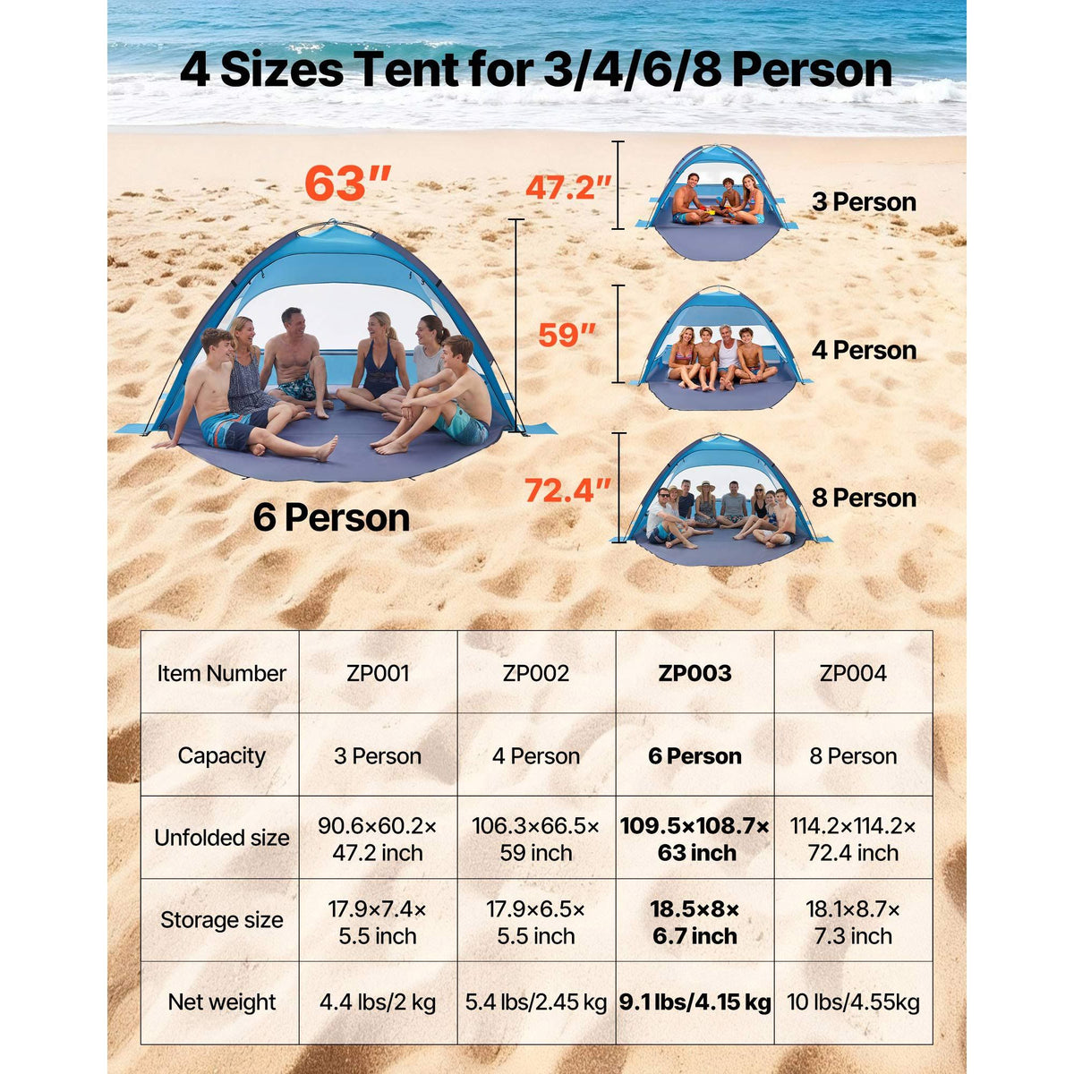 Beach Tent Sun Shelter for 6 Person, UPF 50+ Protection, Portable Sun Shade Canopy with Carrying Bag & Sand Pockets, Lightweight and Easy Setup Beach Umbrella for Camping Fishing Outdoor Picnic