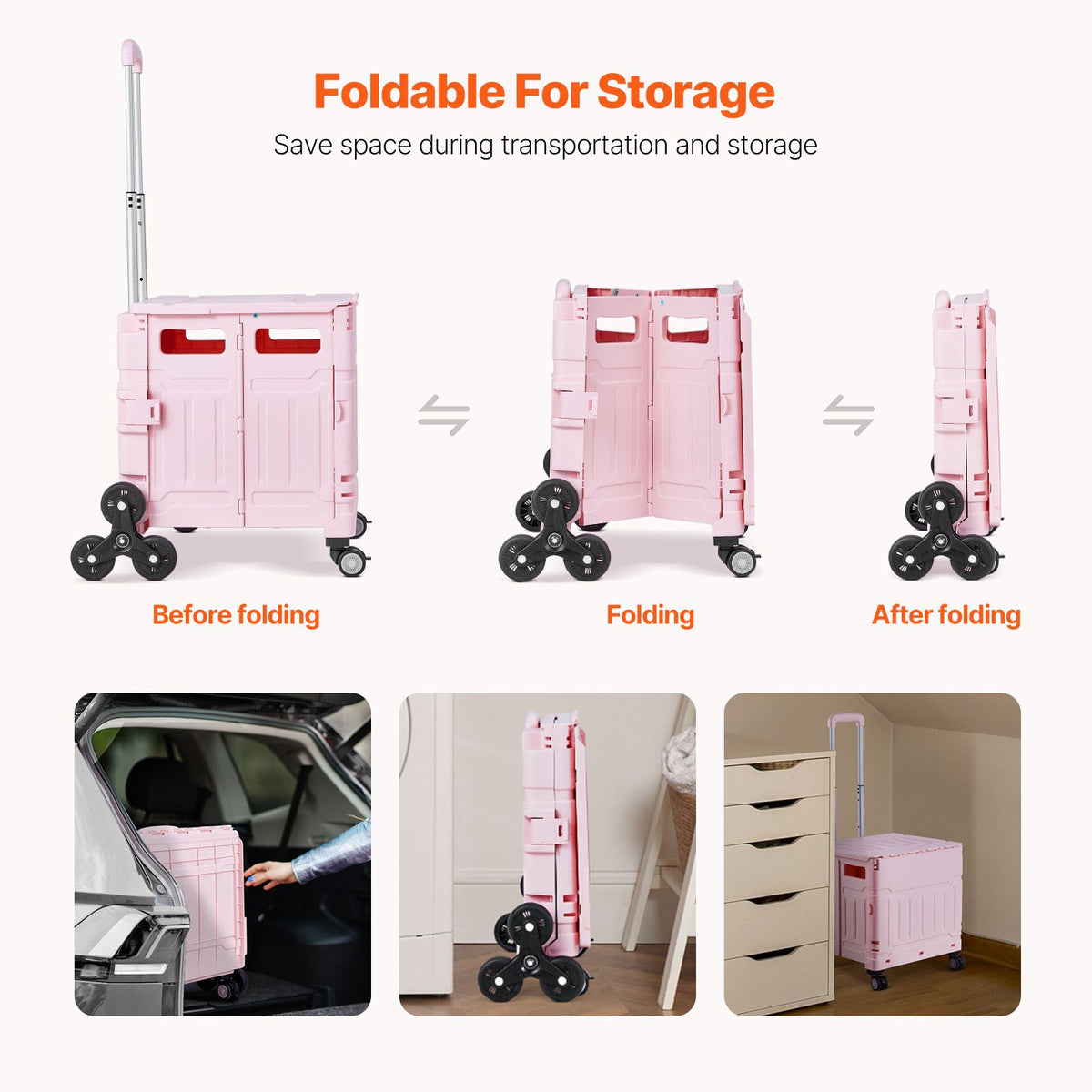 Foldable Utility Cart, 65L Collapsible Portable Crate Rolling Cart with Stair Climbing Wheels & 360° Swivel Wheels, Hand Cart with Telescoping Handle for Shopping Office Moving Teacher, Pink