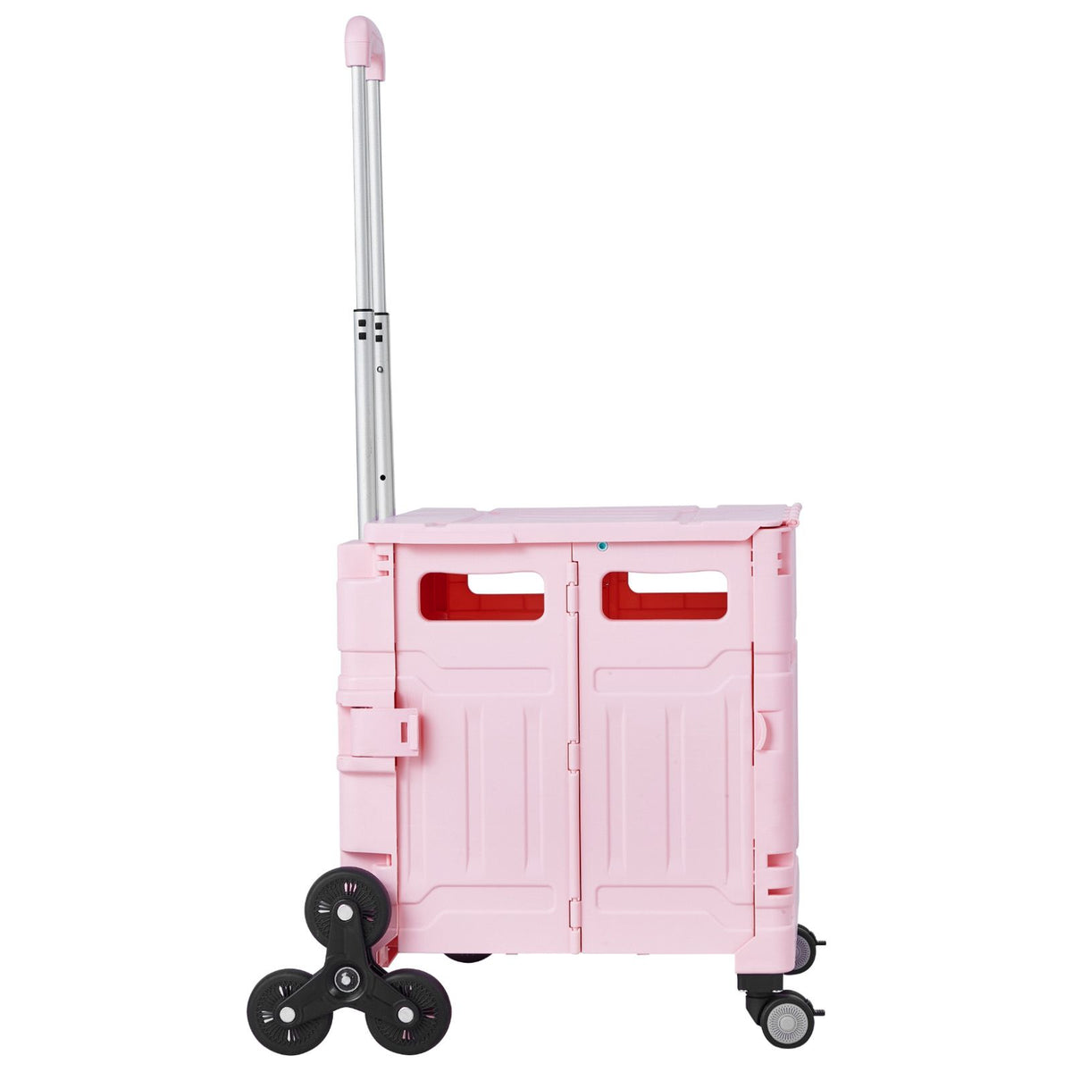 Foldable Utility Cart, 65L Collapsible Portable Crate Rolling Cart with Stair Climbing Wheels & 360° Swivel Wheels, Hand Cart with Telescoping Handle for Shopping Office Moving Teacher, Pink