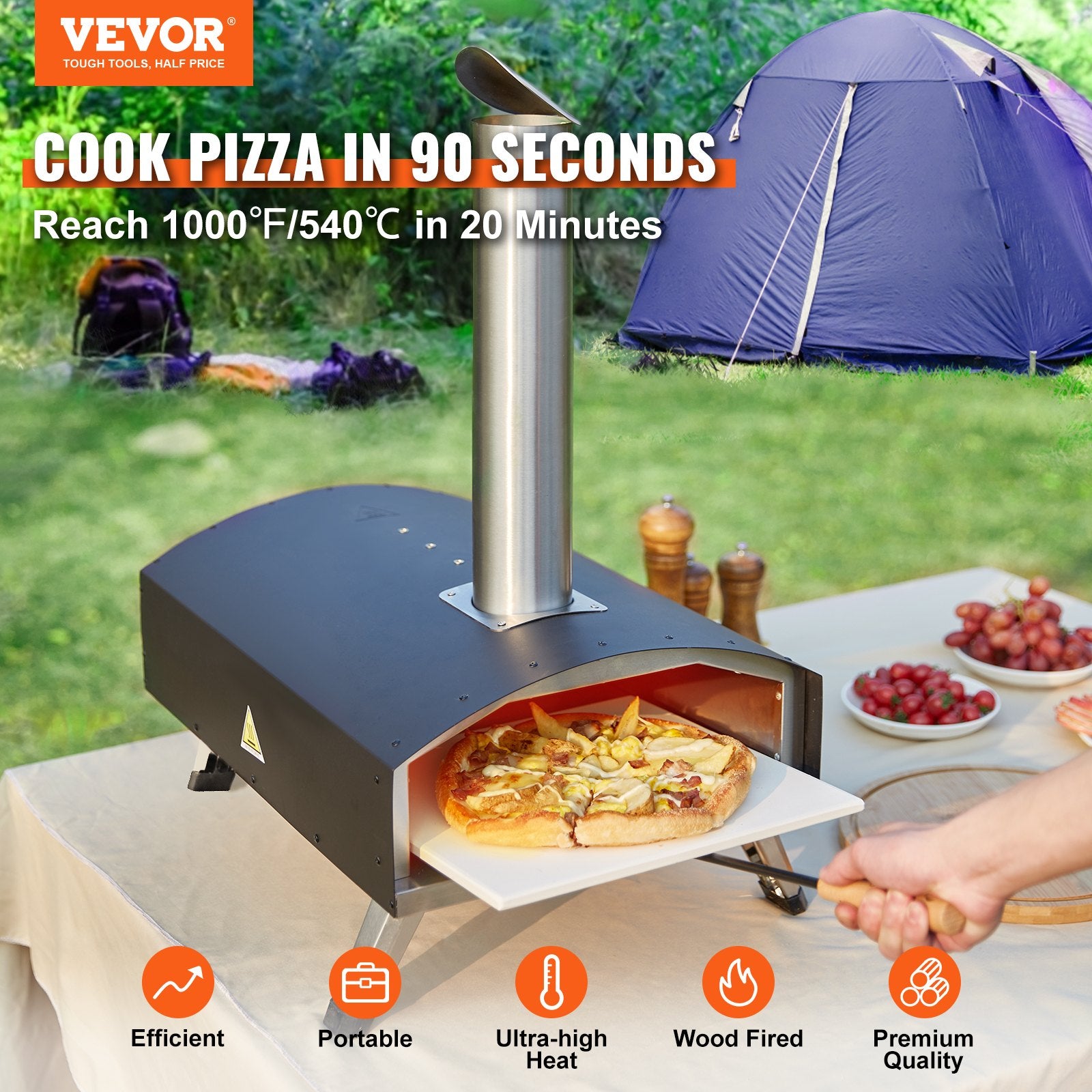 BBQs & Accessories: VEVOR Outdoor Pizza Oven, 12-inch, Wood Pellet and Charcoal Fired Pizza Maker, Portable Outside Stainless Steel Pizza Grill with Pizza Stone, Waterproof Cover, Shovel, Wood Burner for Backyard Camping