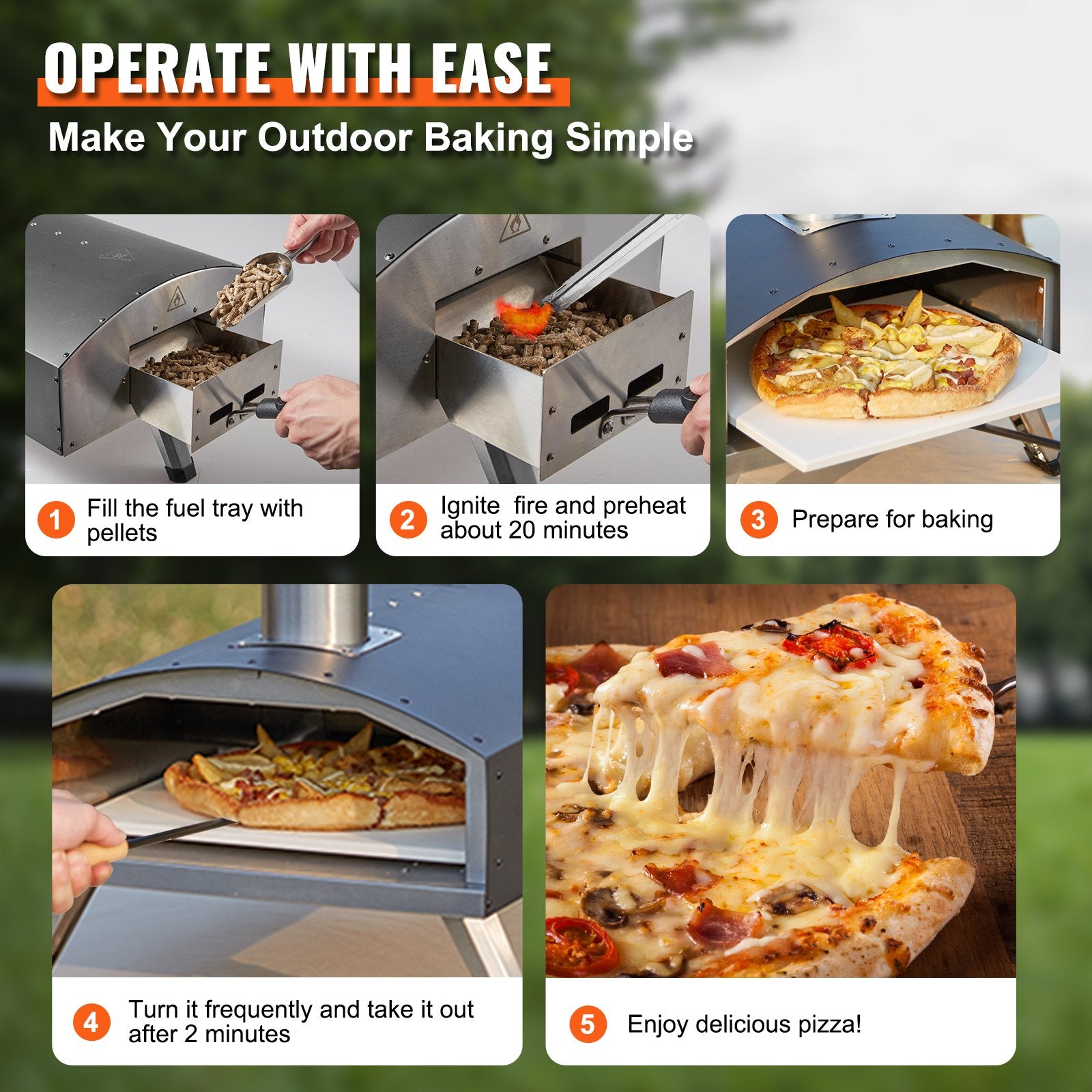 BBQs & Accessories: VEVOR Outdoor Pizza Oven, 12-inch, Wood Pellet and Charcoal Fired Pizza Maker, Portable Outside Stainless Steel Pizza Grill with Pizza Stone, Waterproof Cover, Shovel, Wood Burner for Backyard Camping
