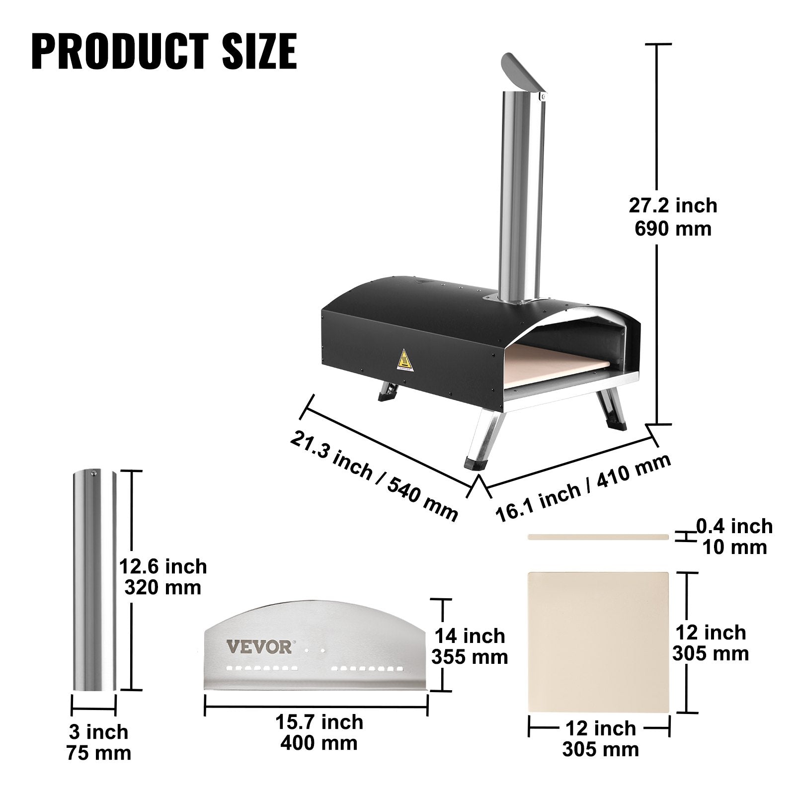 BBQs & Accessories: VEVOR Outdoor Pizza Oven, 12-inch, Wood Pellet and Charcoal Fired Pizza Maker, Portable Outside Stainless Steel Pizza Grill with Pizza Stone, Waterproof Cover, Shovel, Wood Burner for Backyard Camping