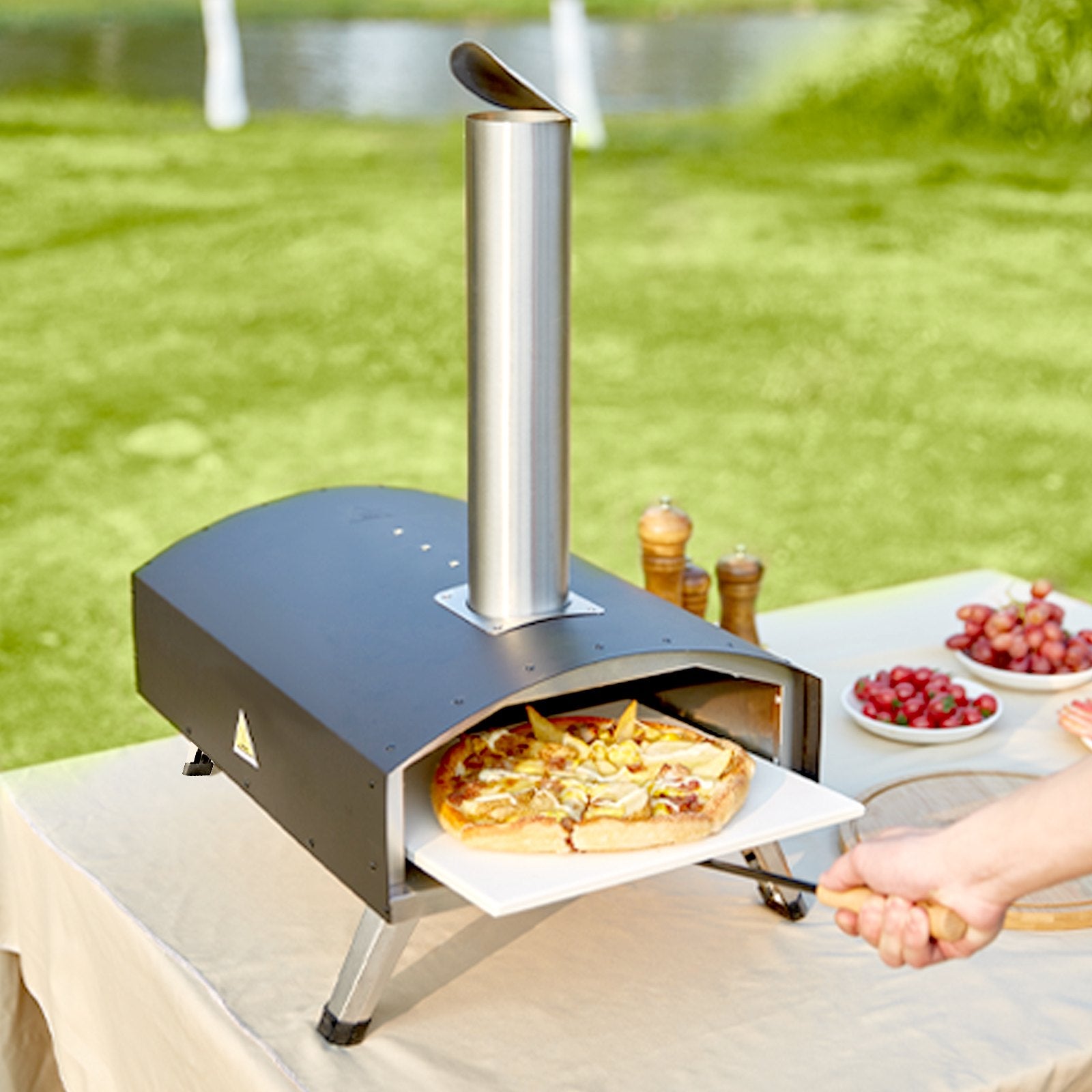 BBQs & Accessories: VEVOR Outdoor Pizza Oven, 12-inch, Wood Pellet and Charcoal Fired Pizza Maker, Portable Outside Stainless Steel Pizza Grill with Pizza Stone, Waterproof Cover, Shovel, Wood Burner for Backyard Camping