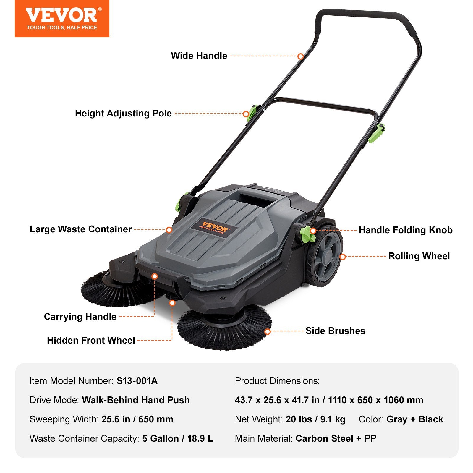 Pedal Bins: VEVOR Walk-behind Hand Push Floor Sweeper 25.6" Width 5 Gallon Waste Container