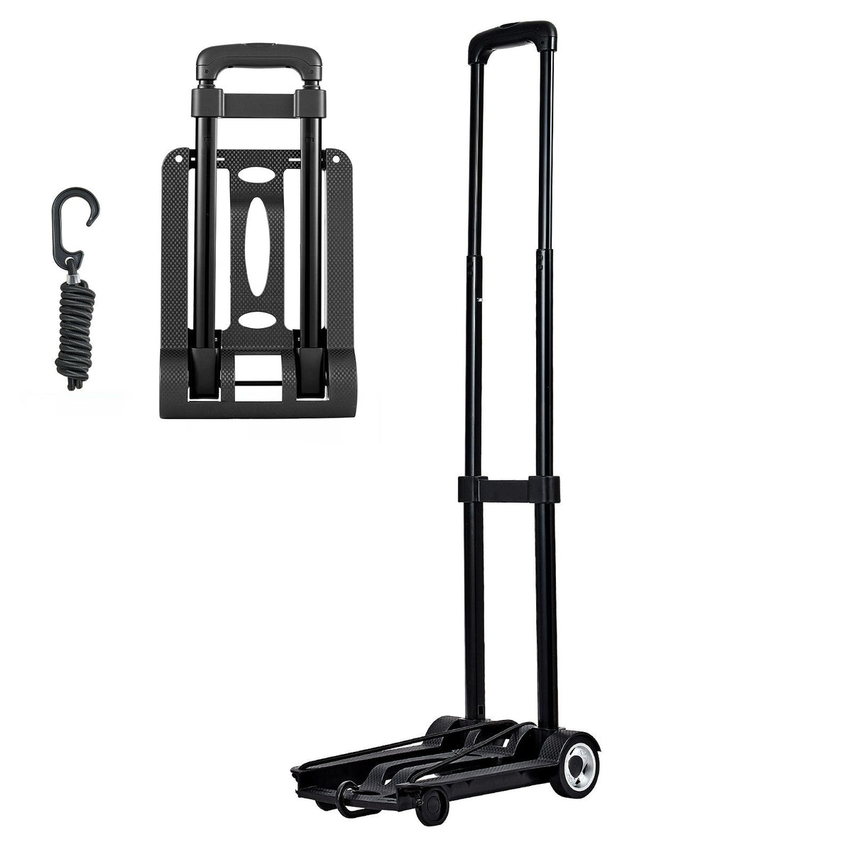 Folding Hand Truck, 49.9 kg Load Capacity, Collapsible Luggage Cart with 2 Wheels & 1 Elastic Rope, Utility Dolly Platform Cart for Airport Travel Furniture Luggage Office Moving, Black