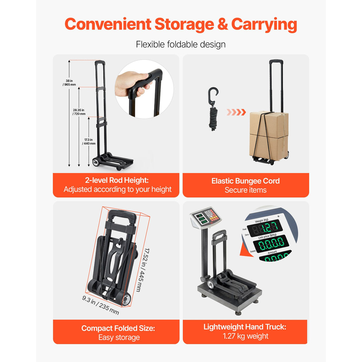 Folding Hand Truck, 49.9 kg Load Capacity, Collapsible Luggage Cart with 2 Wheels & 1 Elastic Rope, Utility Dolly Platform Cart for Airport Travel Furniture Luggage Office Moving, Black
