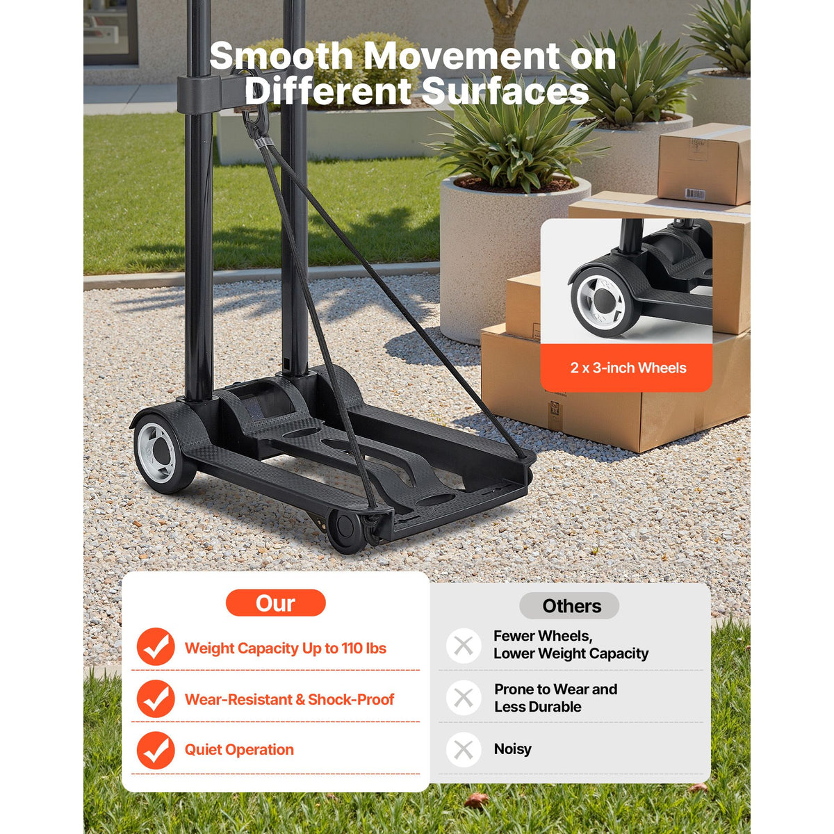 Folding Hand Truck, 49.9 kg Load Capacity, Collapsible Luggage Cart with 2 Wheels & 1 Elastic Rope, Utility Dolly Platform Cart for Airport Travel Furniture Luggage Office Moving, Black