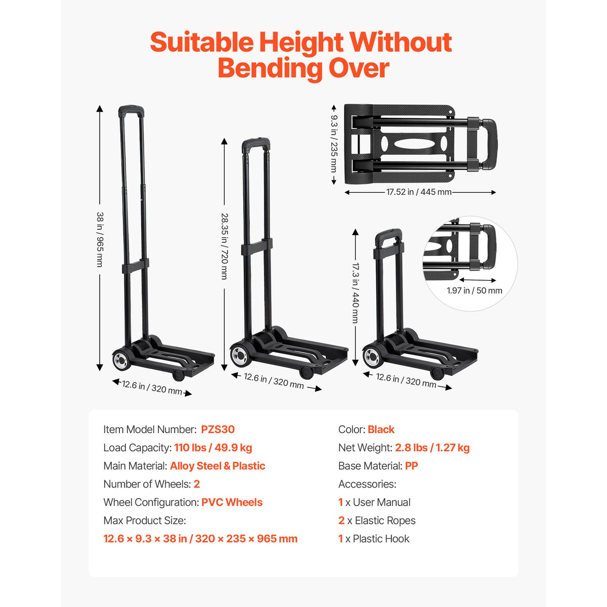 Folding Hand Truck, 49.9 kg Load Capacity, Collapsible Luggage Cart with 2 Wheels & 1 Elastic Rope, Utility Dolly Platform Cart for Airport Travel Furniture Luggage Office Moving, Black