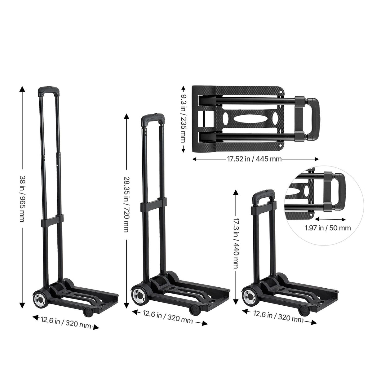 Folding Hand Truck, 49.9 kg Load Capacity, Collapsible Luggage Cart with 2 Wheels & 1 Elastic Rope, Utility Dolly Platform Cart for Airport Travel Furniture Luggage Office Moving, Black