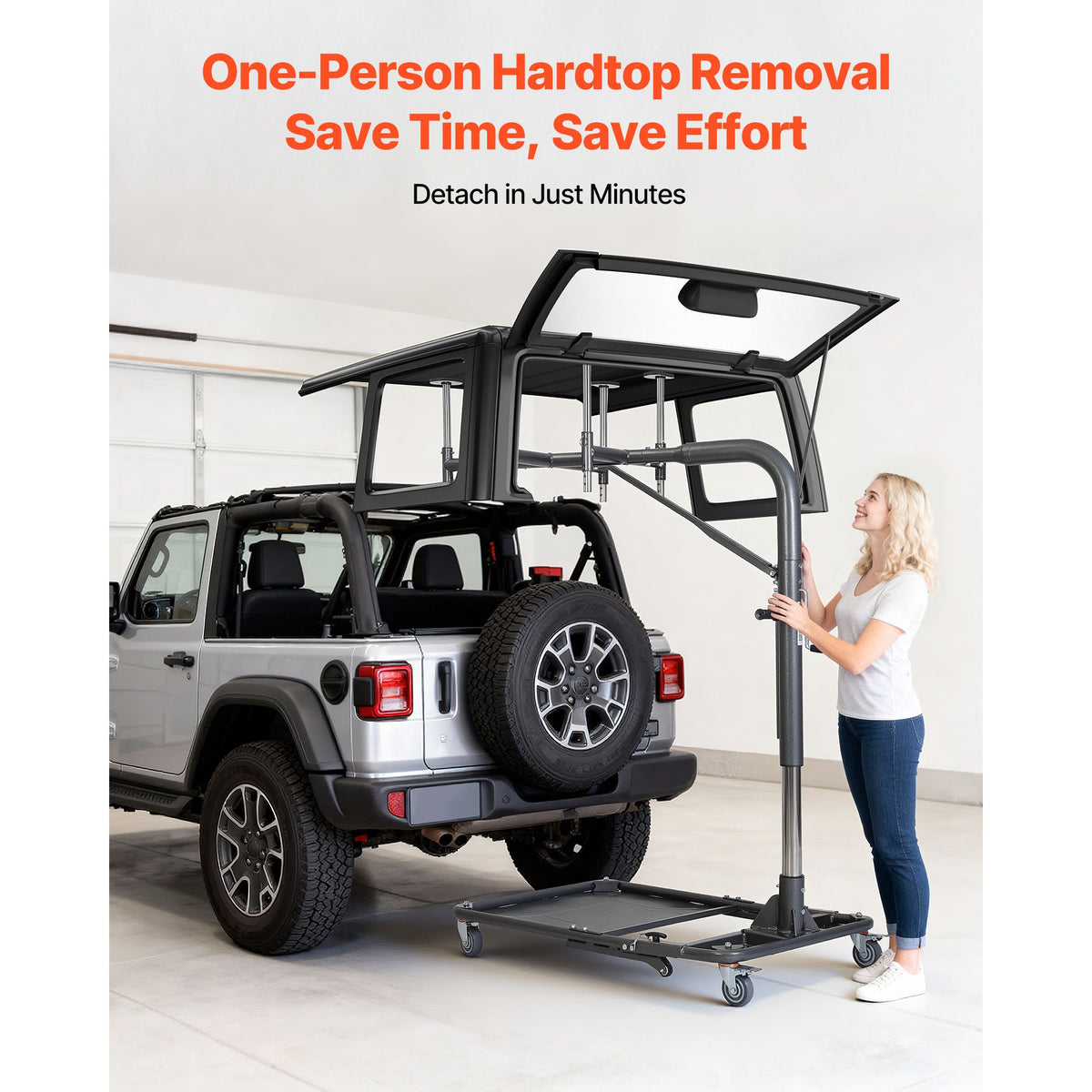 Hard Top Remover Lift, 99.79 kg, Foldable Jeep Hardtop Removal and Storage System, Easy One-Person Operation, Adjustable Height, for Jeep Wrangler YJ, TJ, JK, JL, 4XE, Ford Bronco 4 Door &6 Gen+