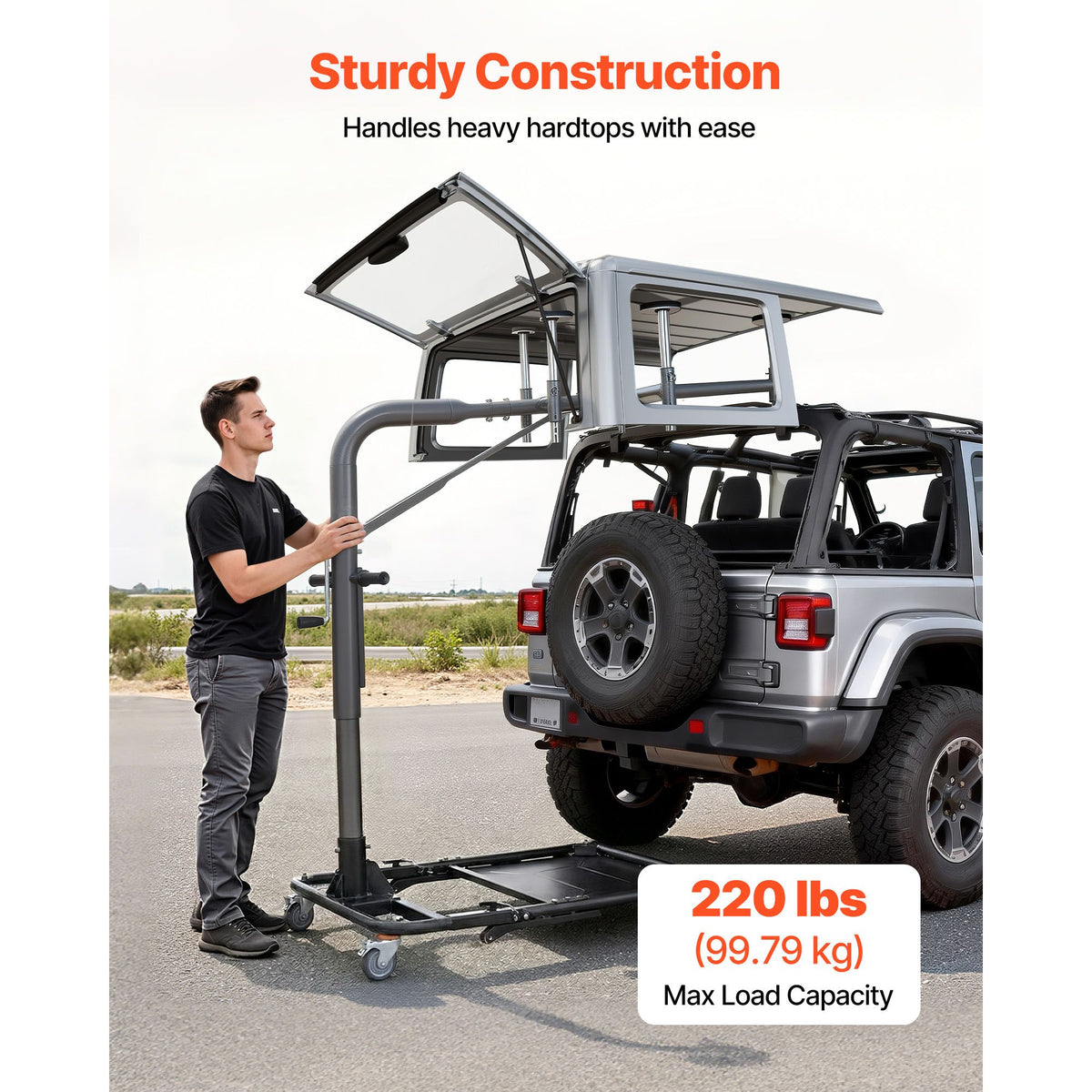Hard Top Remover Lift, 99.79 kg, Foldable Jeep Hardtop Removal and Storage System, Easy One-Person Operation, Adjustable Height, for Jeep Wrangler YJ, TJ, JK, JL, 4XE, Ford Bronco 4 Door &6 Gen+