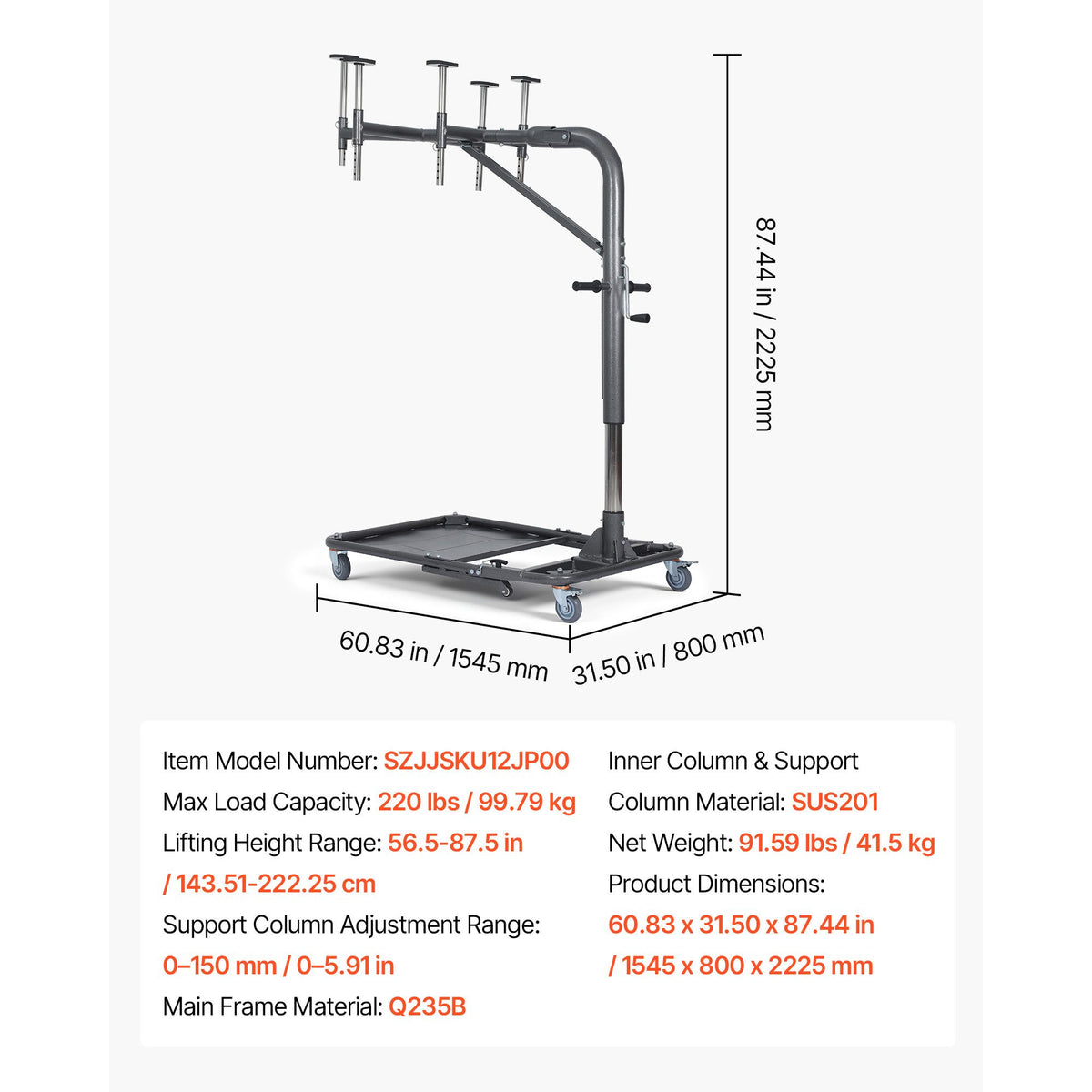 Hard Top Remover Lift, 99.79 kg, Foldable Jeep Hardtop Removal and Storage System, Easy One-Person Operation, Adjustable Height, for Jeep Wrangler YJ, TJ, JK, JL, 4XE, Ford Bronco 4 Door &6 Gen+