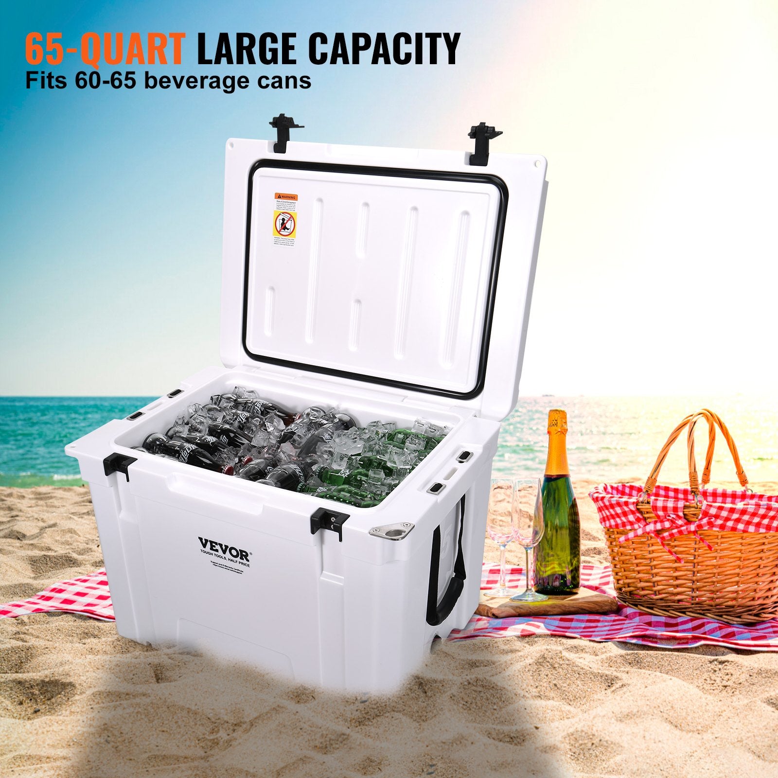 Insulated Portable Cooler, 65 qt, Holds 65 Cans, Ice Retention Hard Cooler with Heavy Duty Handle, Ice Chest Lunch Box for Camping, Beach, Picnic, Travel, Outdoor, Keeps Ice for up to 6 Days