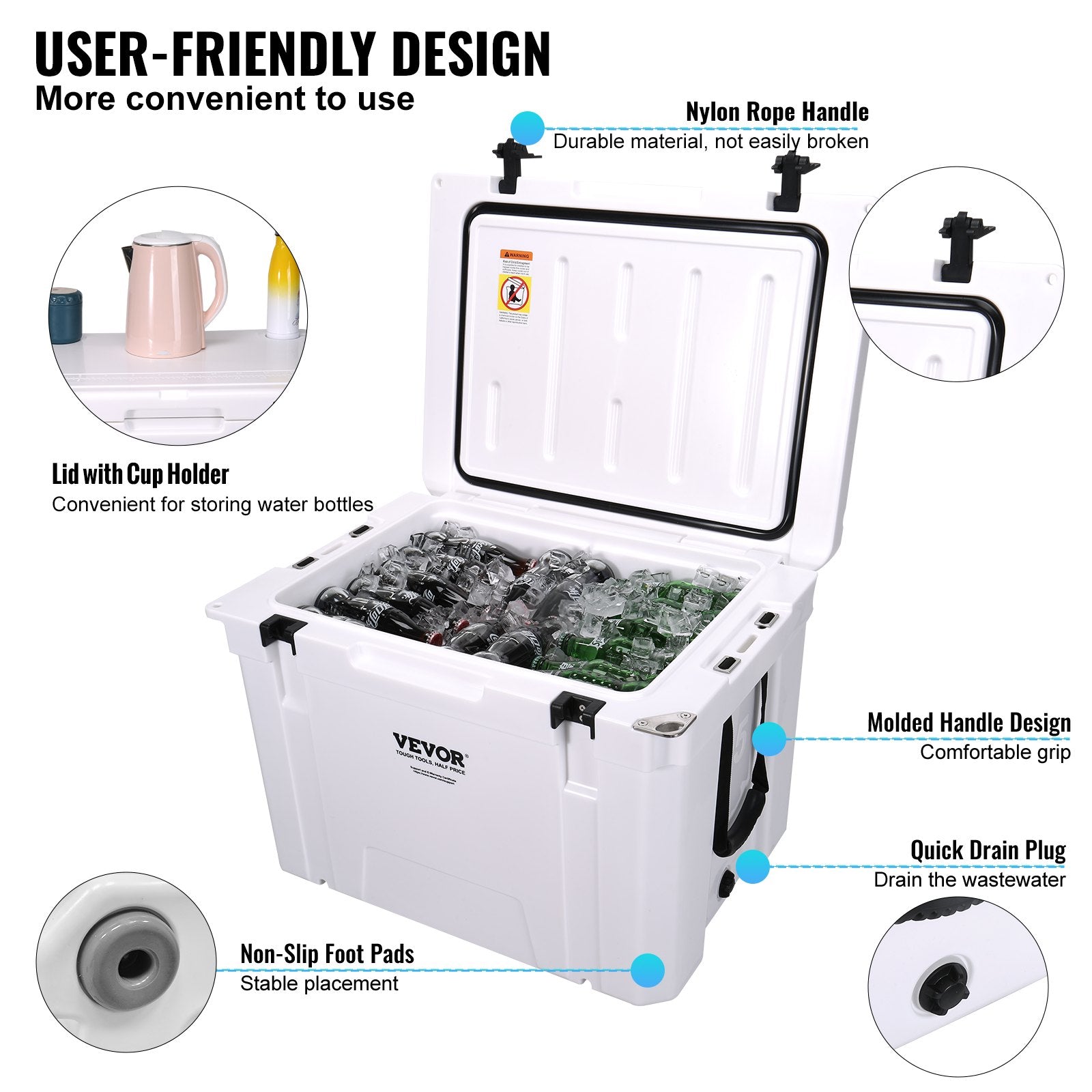 Insulated Portable Cooler, 65 qt, Holds 65 Cans, Ice Retention Hard Cooler with Heavy Duty Handle, Ice Chest Lunch Box for Camping, Beach, Picnic, Travel, Outdoor, Keeps Ice for up to 6 Days