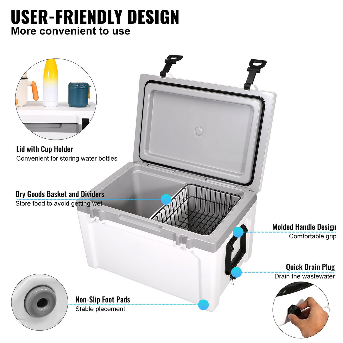 Insulated Portable Cooler, 49 L, Holds 50 Cans, Ice Retention Hard Cooler with Heavy Duty Handle, Ice Chest Lunch Box for Camping, Beach, Picnic, Travel, Outdoor, Keeps Ice for up to 6 Days