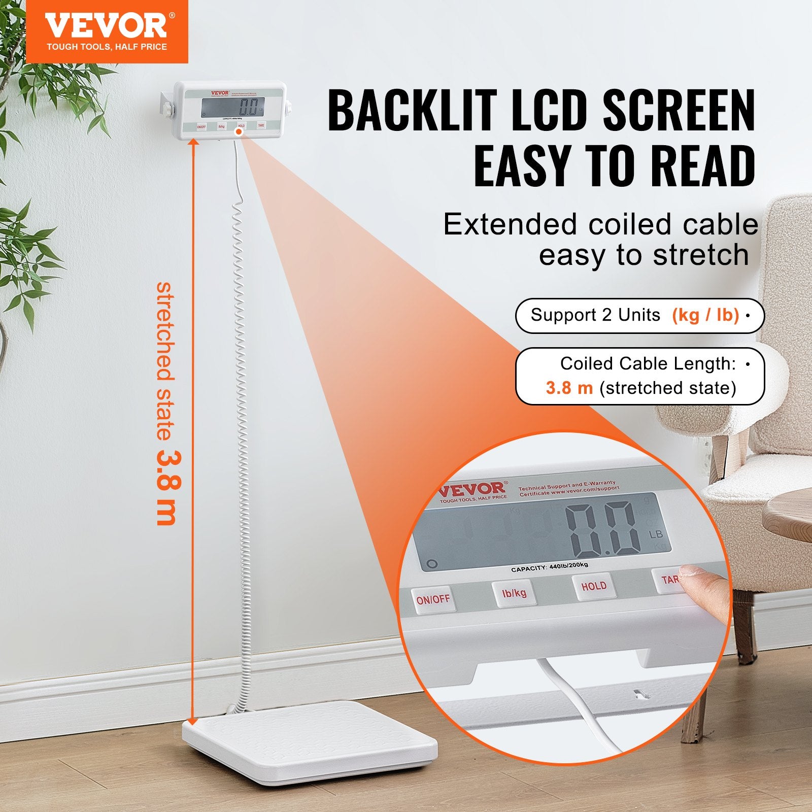 Bathroom Scales: VEVOR Portable Medical Scale, Professional Digital Physician Scale for Weighing - with Anti-slip Platform, 2 Units, Hold & Tare Function, 440LBS Capacity Physician Weight Scale for Gyms Homes Hospital