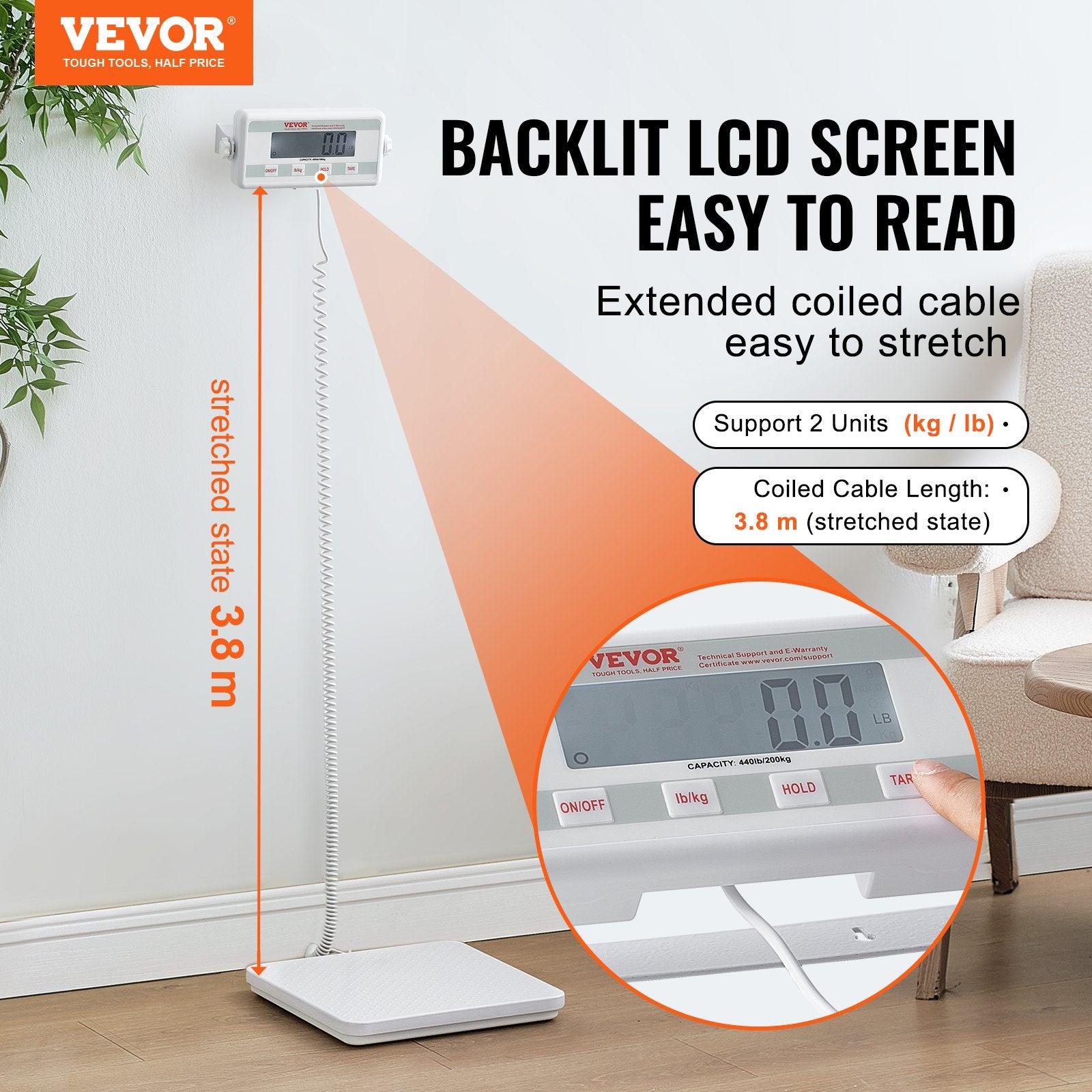 Bathroom Scales: VEVOR Portable Medical Scale, Professional Physician Scale for Weighing - with Anti-slip Platform, 2 Units, Hold & Tare Function, Digital Physician Weight Scale for Gym Home Hospital, 440LBS Capacity