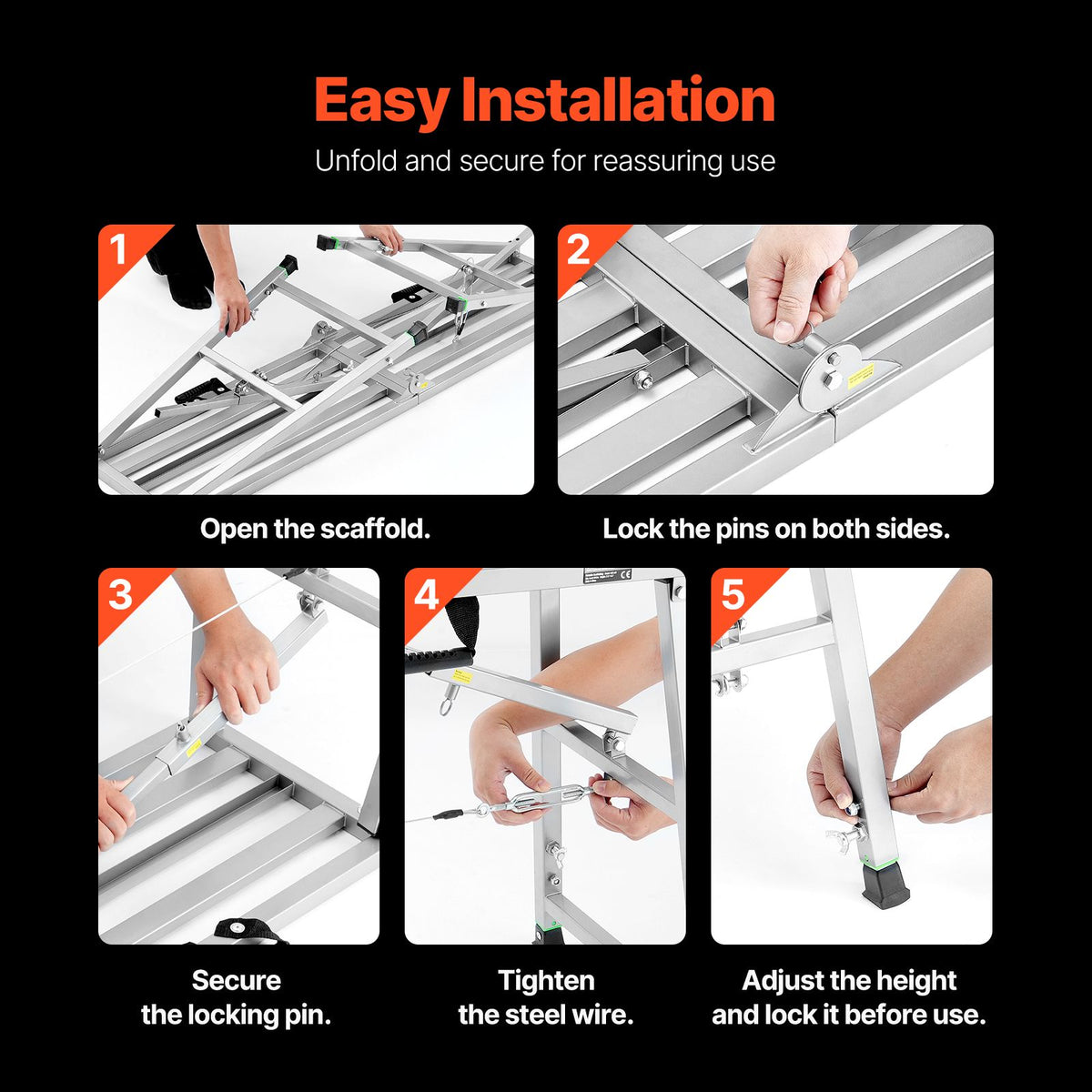 Work Platform, 4 Gear Adjustable Height, Folding Alloy Steel Step Ladder, Portable Scaffolding Platform, 400 kg Load Capacity, Non-Slip Rubber Feet, Drywall Painting Stool, Cleaning & Washing