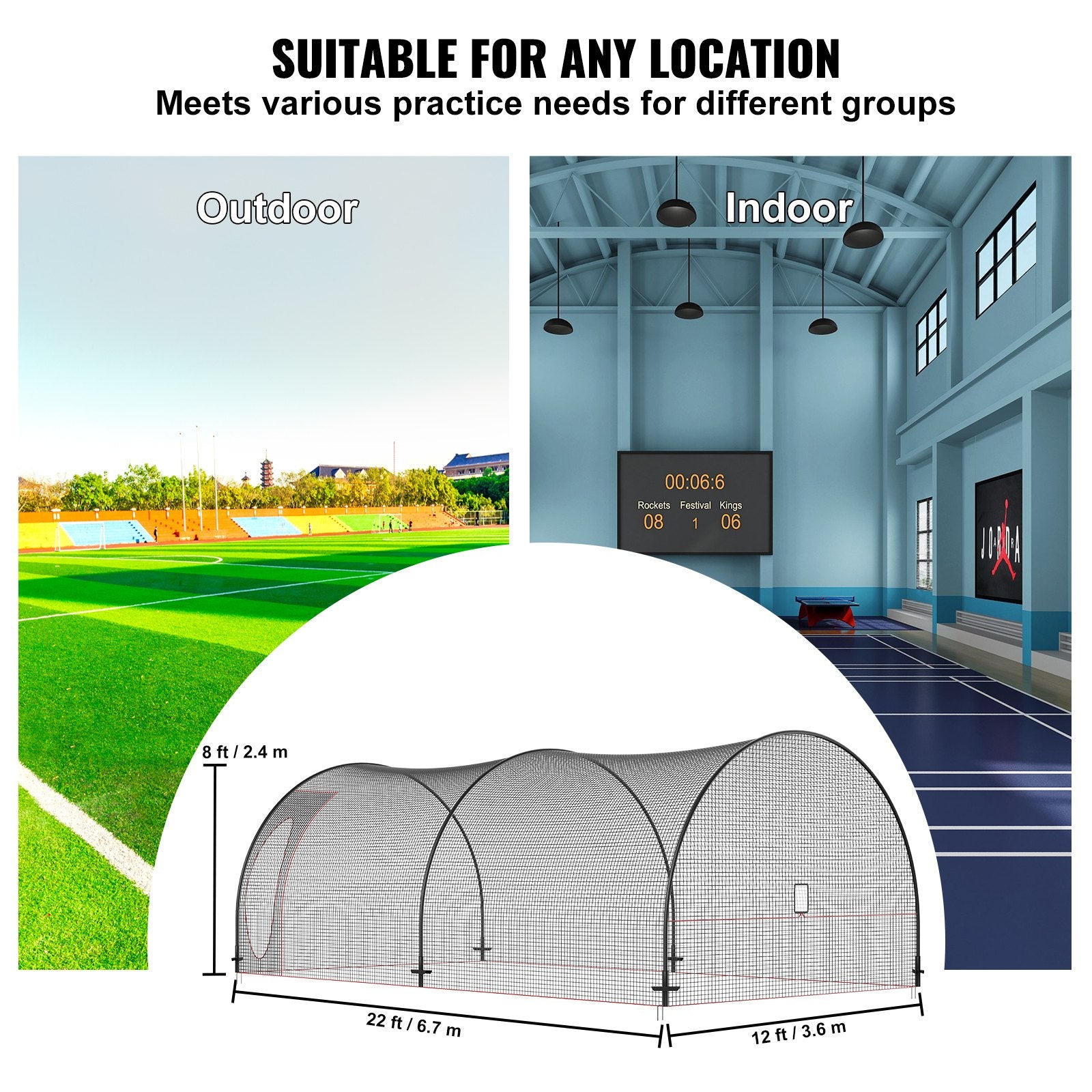 Basketball & Basketball Accessories: VEVOR Baseball Batting Cage, Softball and Baseball Batting Cage Net and Frame, 22x12x8ft Practice Portable Cage Net with Carry Bag, Heavy Duty Enclosed Pitching Cage, for Backyard Batting Hitting Training 670CM